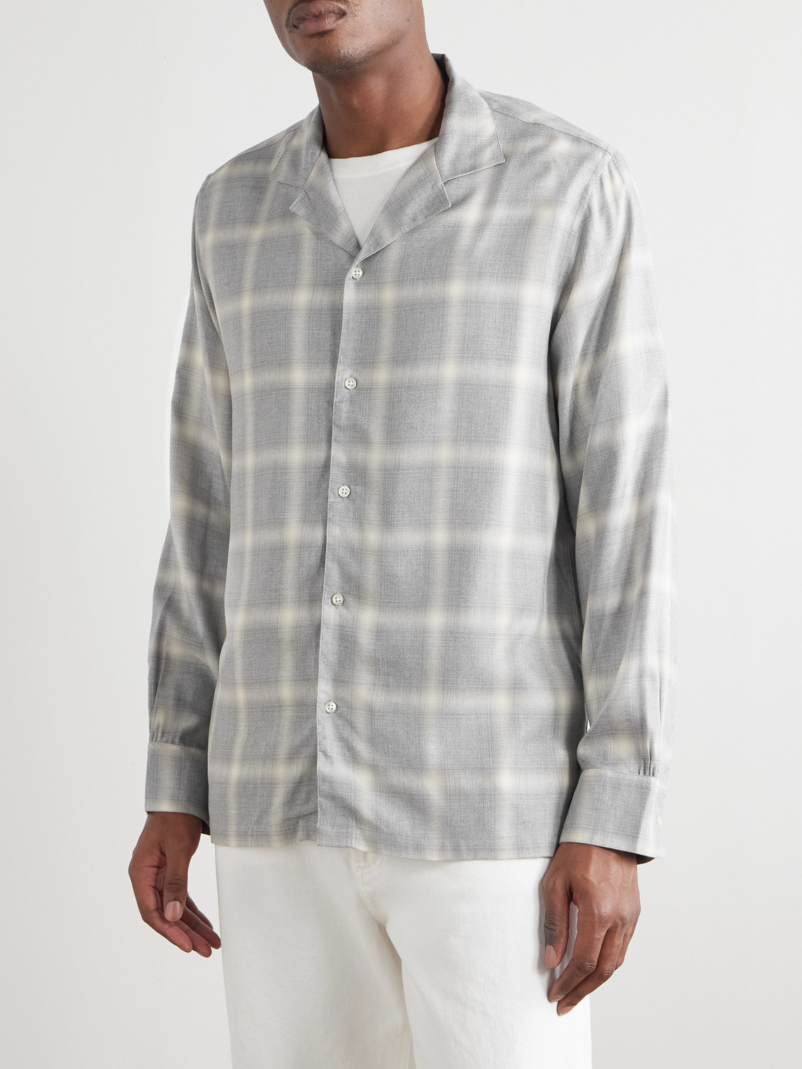 Officine Generale Eren Camp-collar Checked Ramie Shirt In Gray