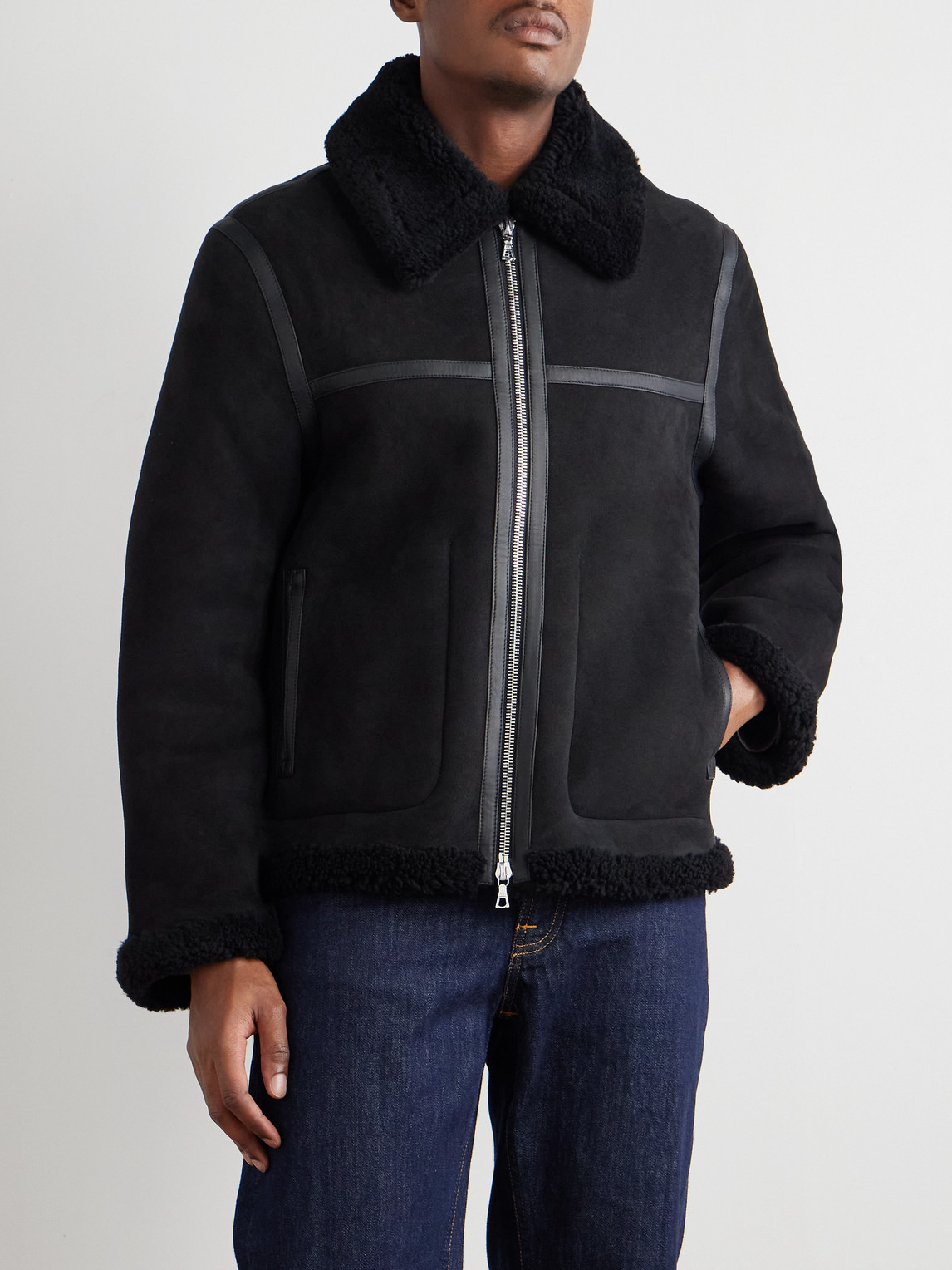 Officine Generale Isaac Leather-trimmed Shearling Jacket In Black