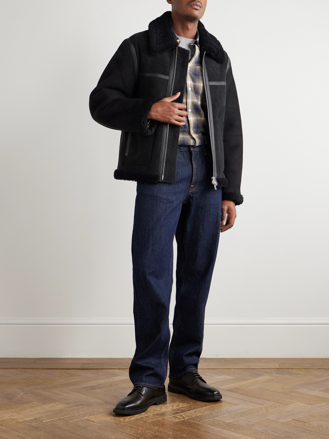 Officine Generale Isaac Leather-trimmed Shearling Jacket In Black