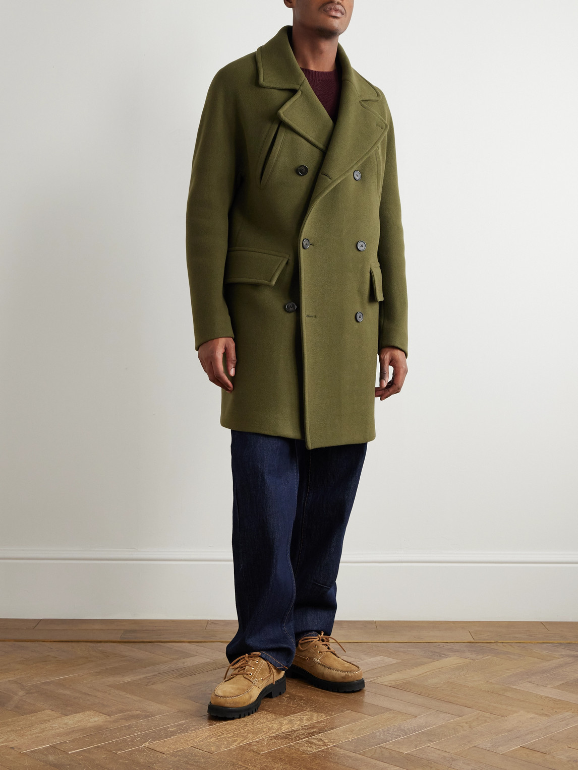 Officine Generale Amir Double-breasted Brushed Wool-blend Coat In Green