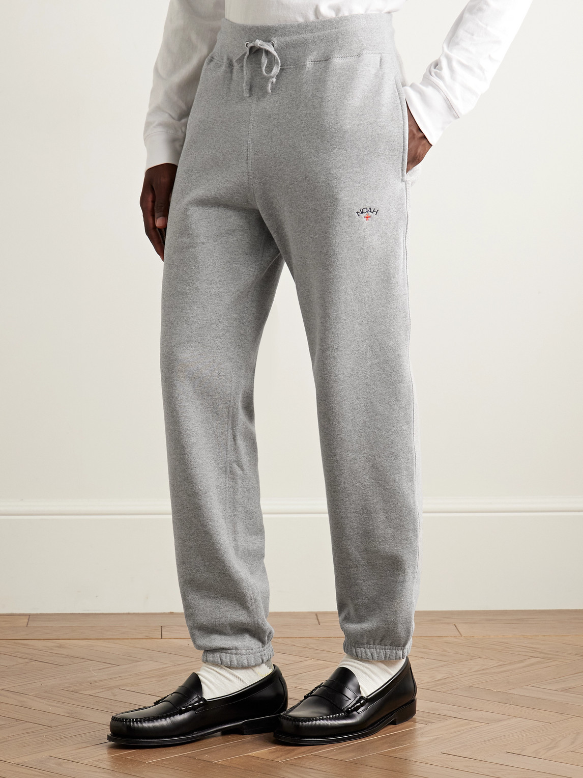 Noah Core Tapered Logo-embroidered Cotton-jersey Sweatpants In Gray