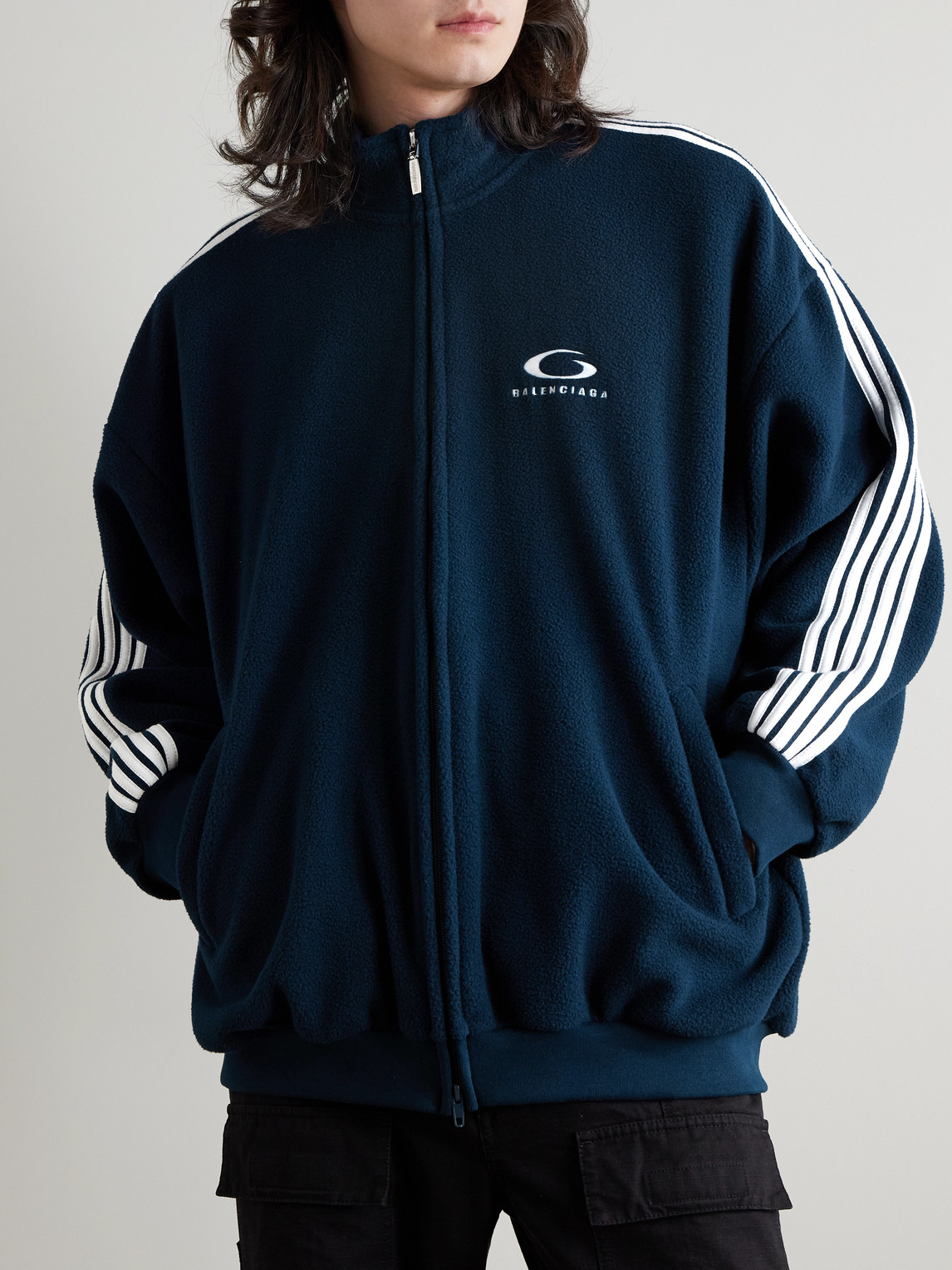  Balenciaga - Logo-embroidered Striped Fleece Track Jacket - Men - Blue - M 