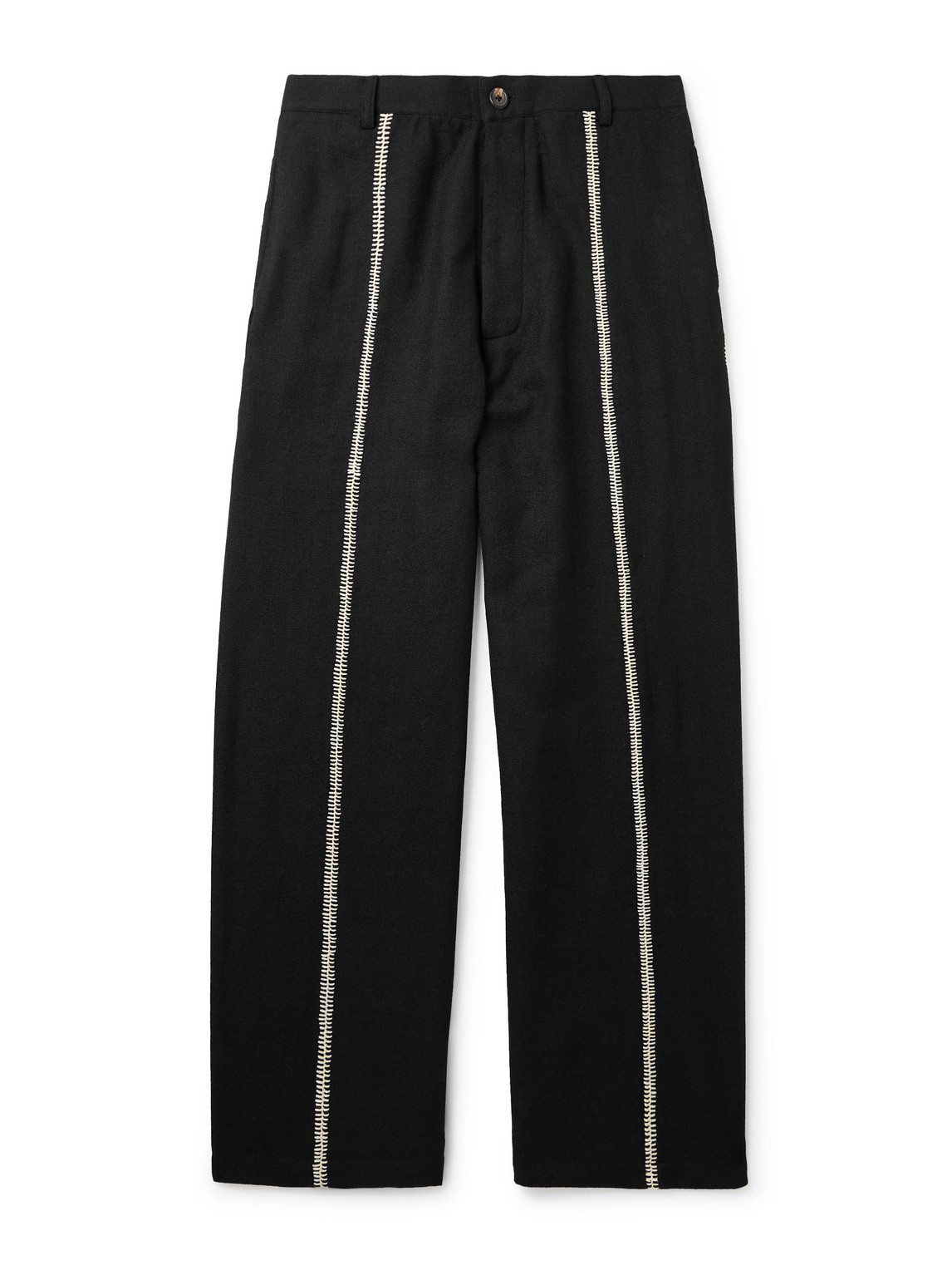Kartik Research Manari Straight-leg Embroidered Textured-wool Trousers In Black