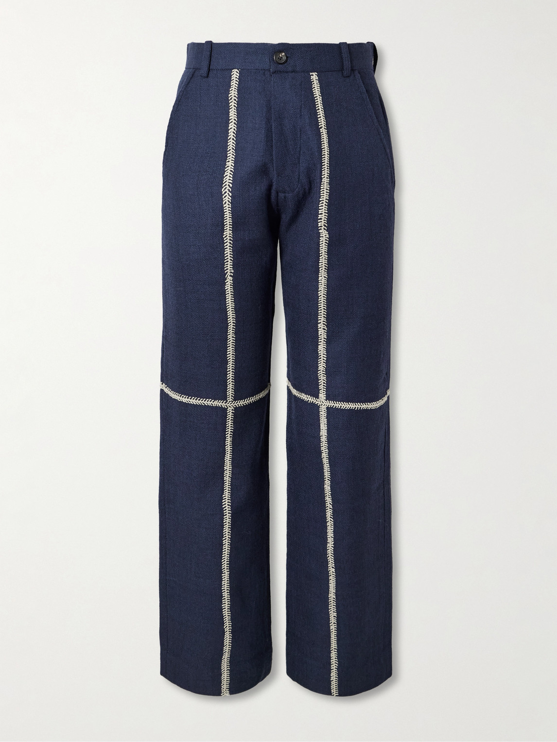 Kartik Research Rabari Straight-leg Embroidered Textured-wool Trousers In Blue