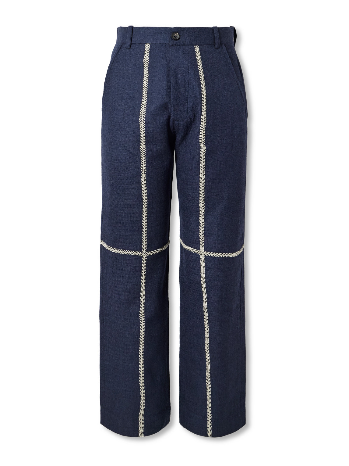 Kartik Research Rabari Straight-leg Embroidered Textured-wool Trousers In Blue