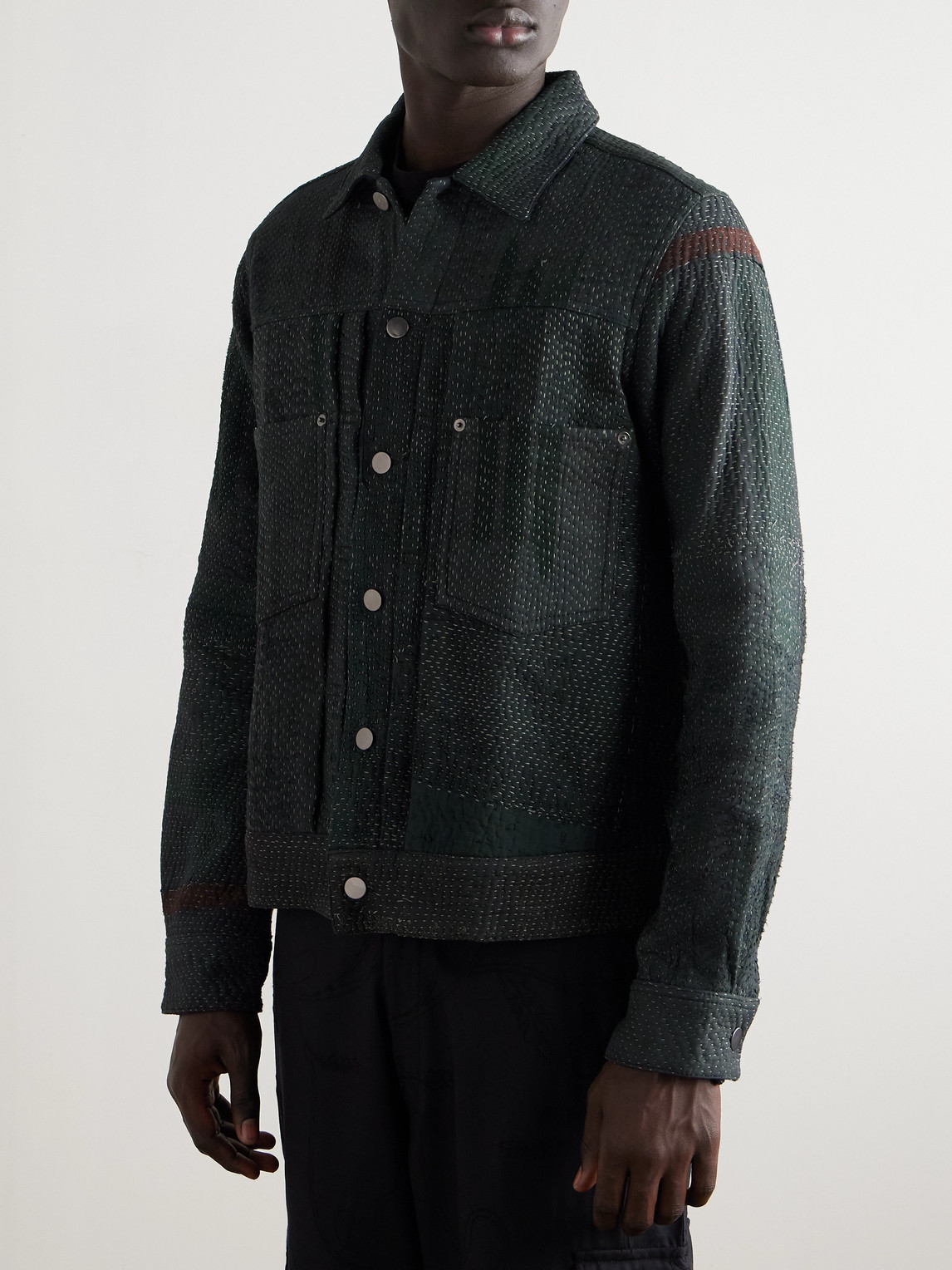  Kardo - Marvin Distressed Patchworked Kantha Cotton Trucker Jacket - Men - Blue - M 
