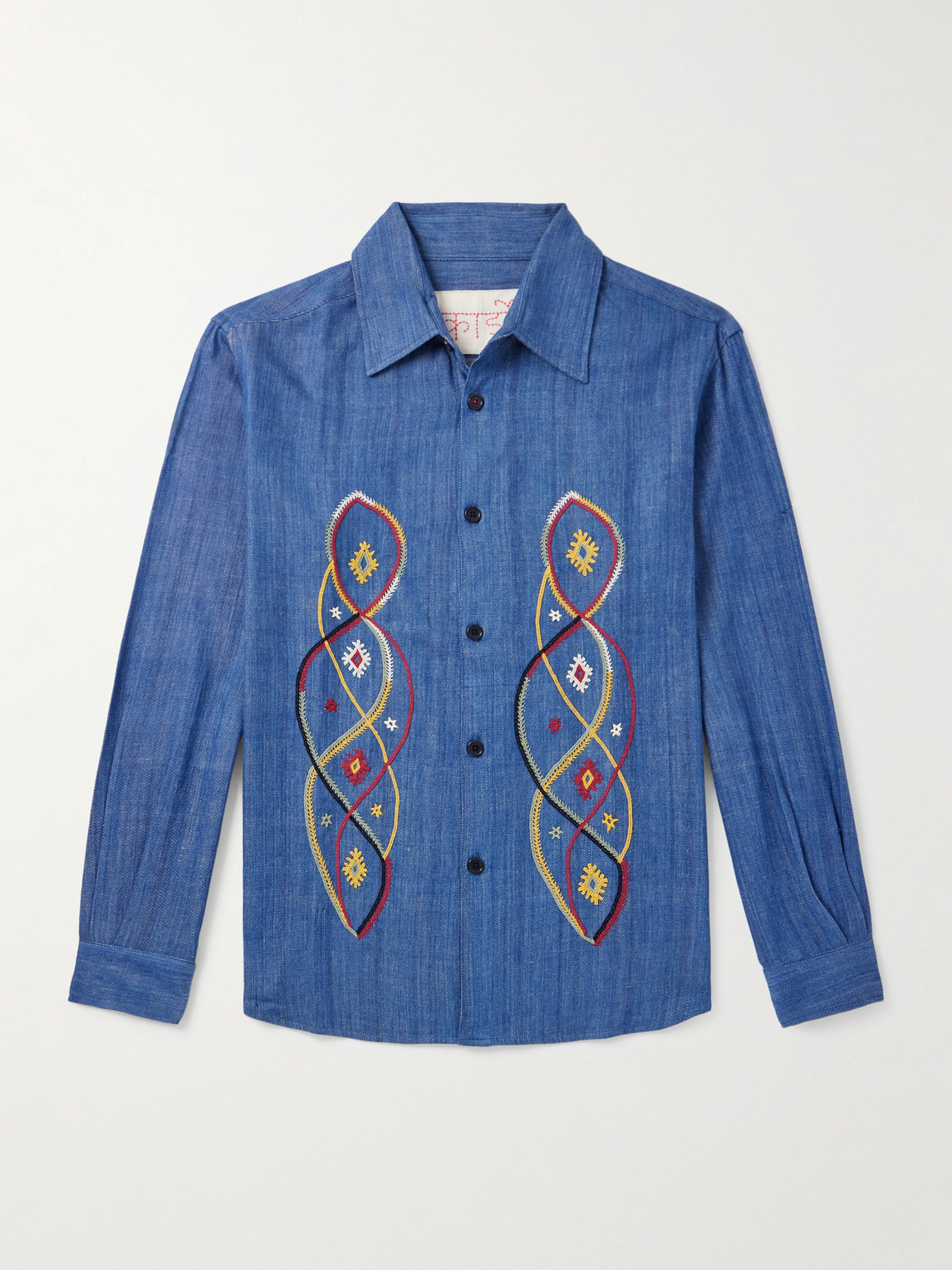 Kardo Luis Embroidered Cotton-chambray Shirt In Blue
