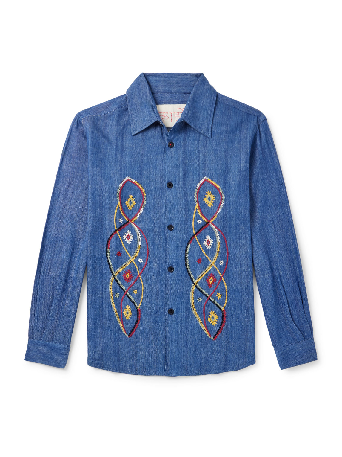 Kardo Luis Embroidered Cotton-chambray Shirt In Blue