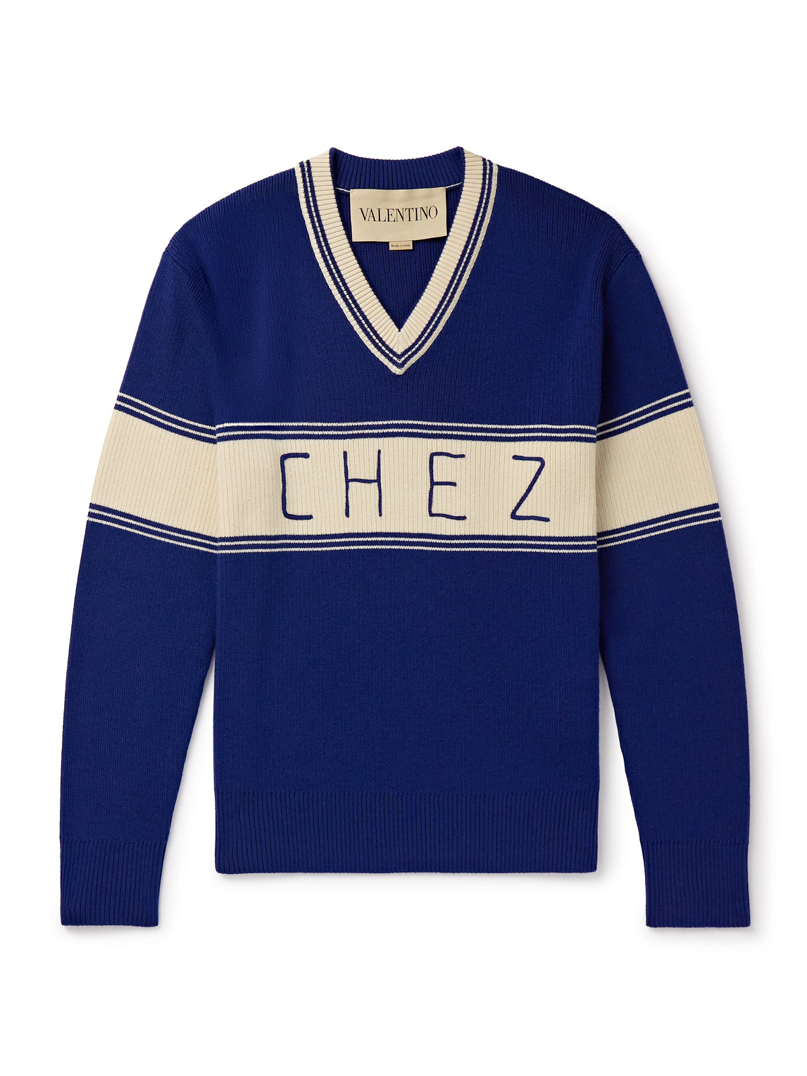 Embroidered Striped Virgin Wool and Cotton-Blend Sweater