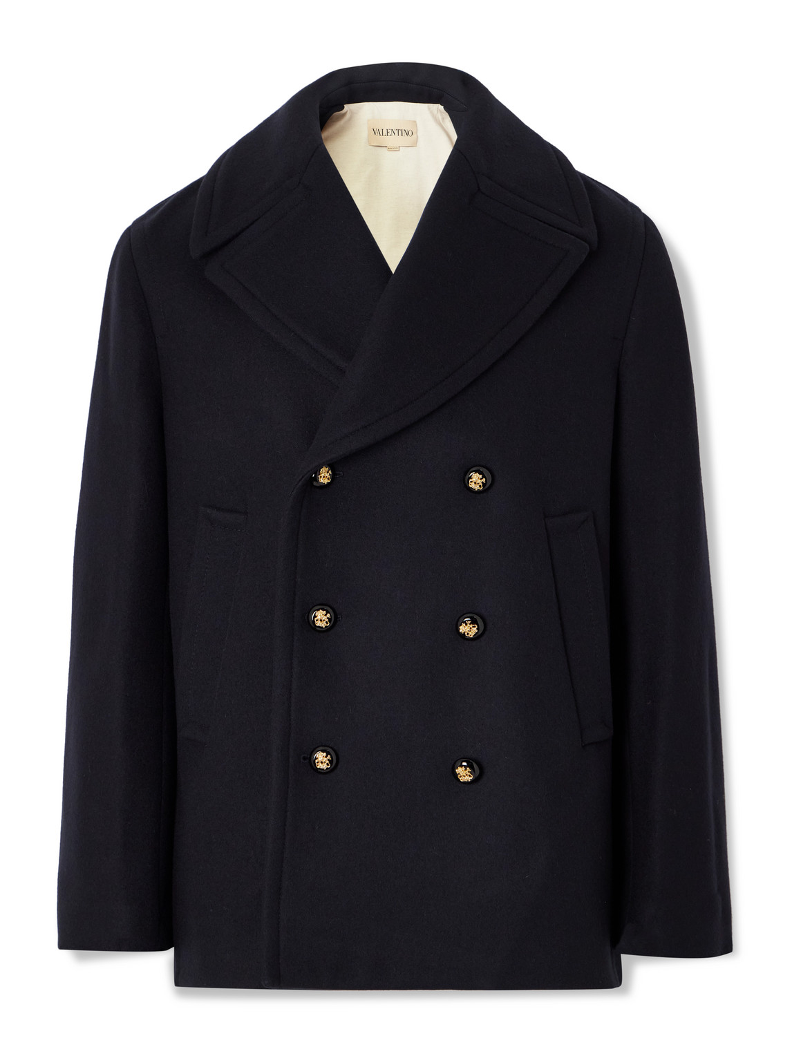Valentino Double-breasted Wool Peacoat In Blue