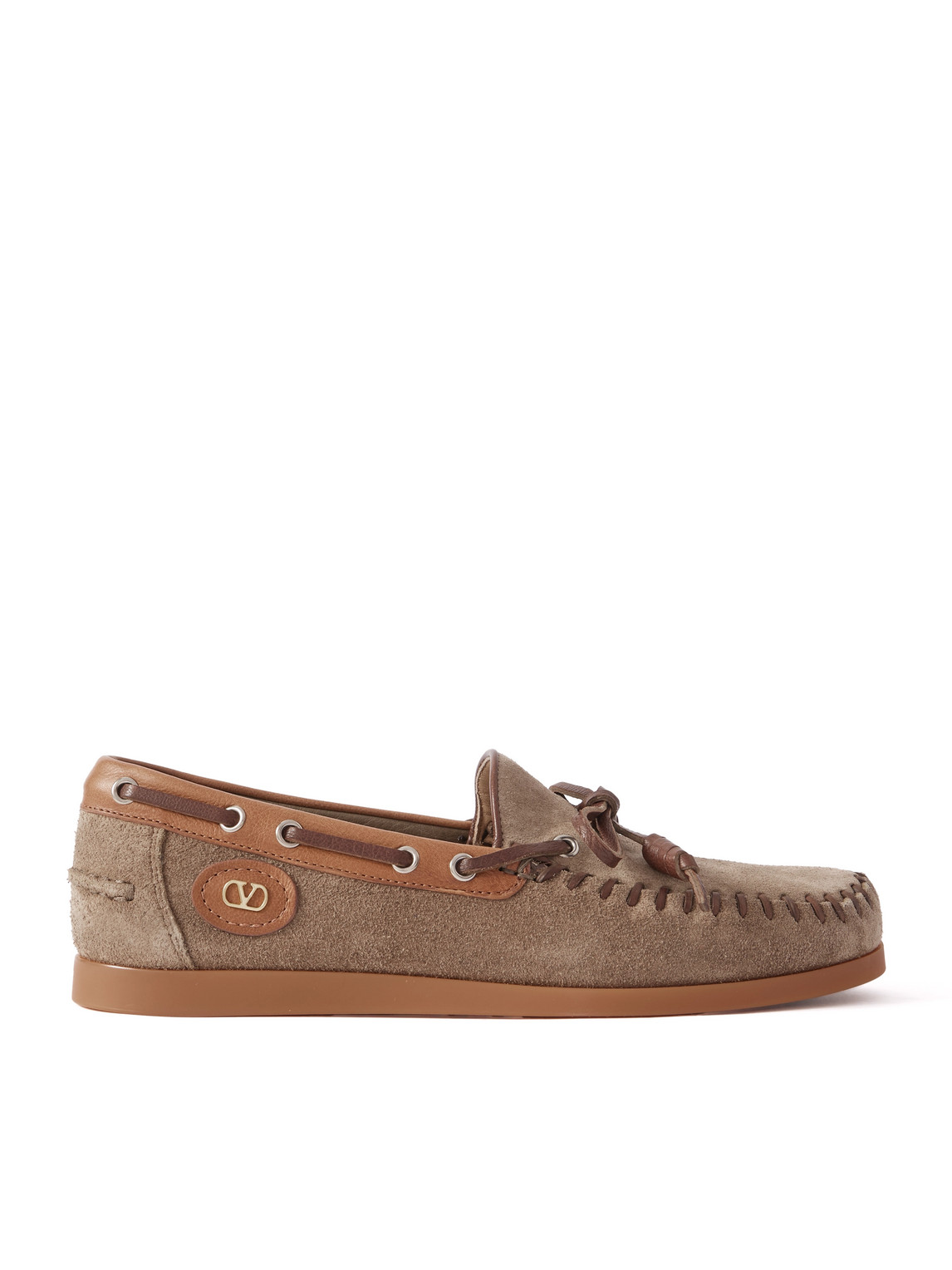 Valentino Garavani Logo-embellished Leather-trimmed Suede Boat Shoes In Brown