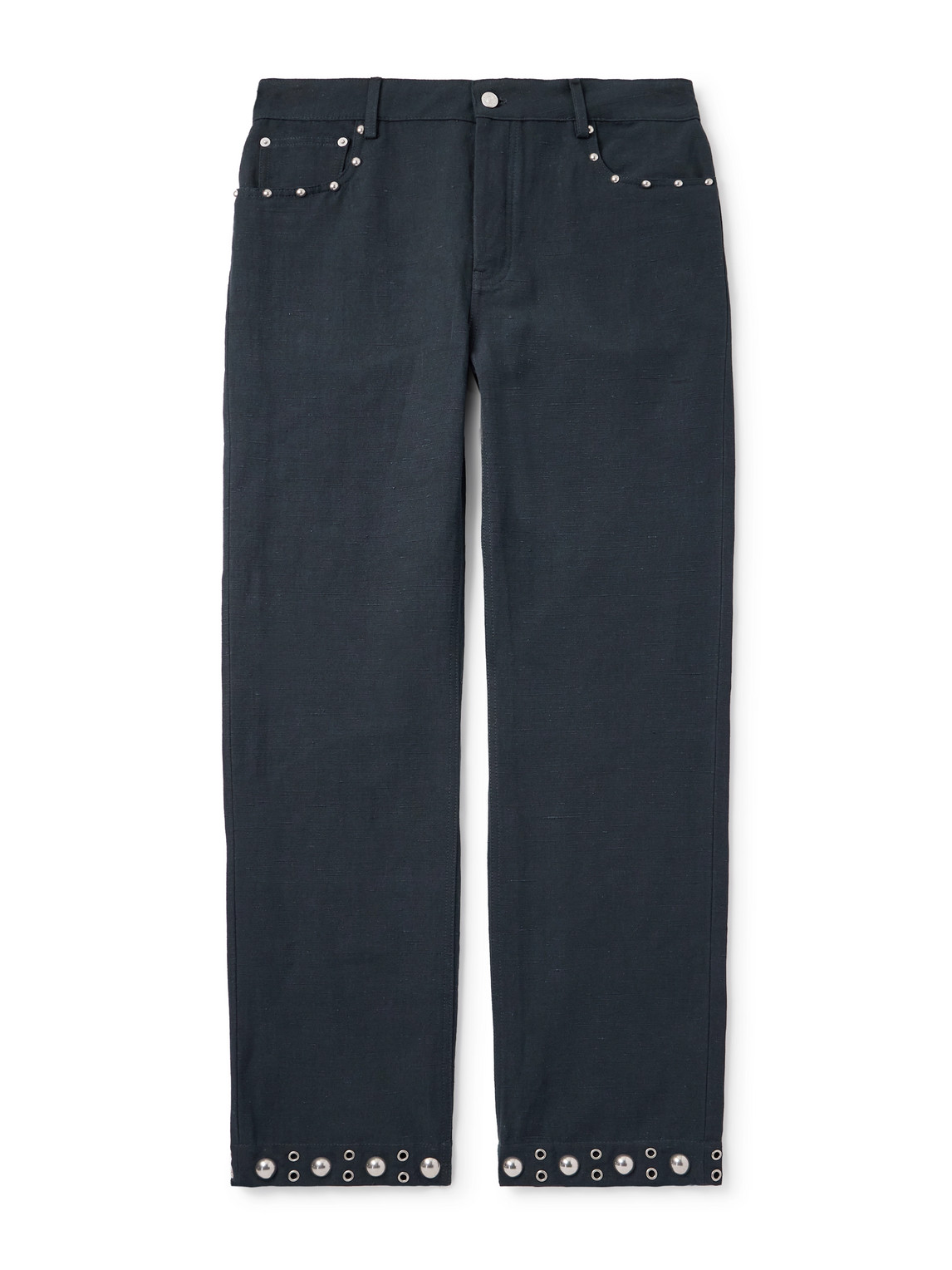 Valentino Straight-leg Embellished Linen And Cotton-blend Trousers In Blue