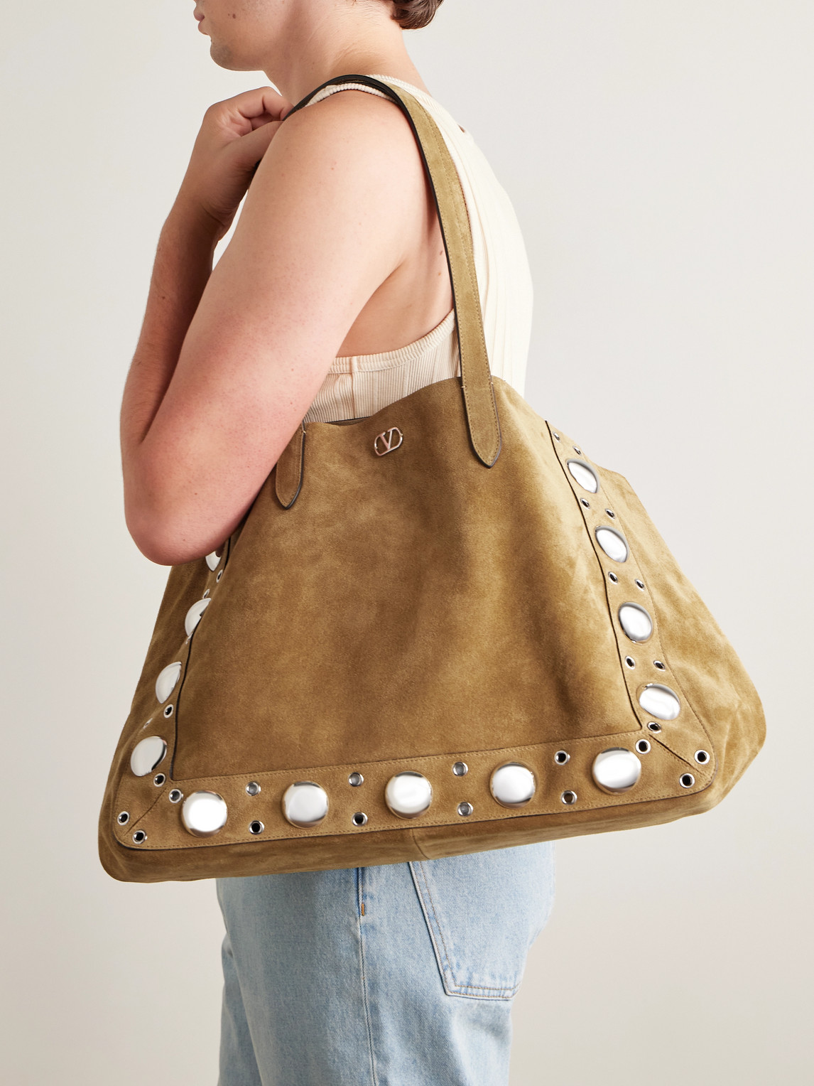 Valentino Nellcôte Large Embellished Suede Tote Bag In Brown
