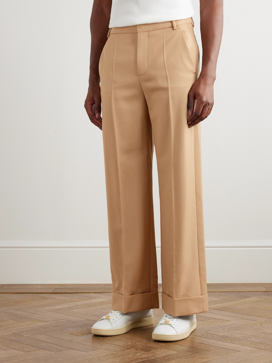 Valentino Wide-leg Trousers With Cuffed Hem And Pleats In Brown