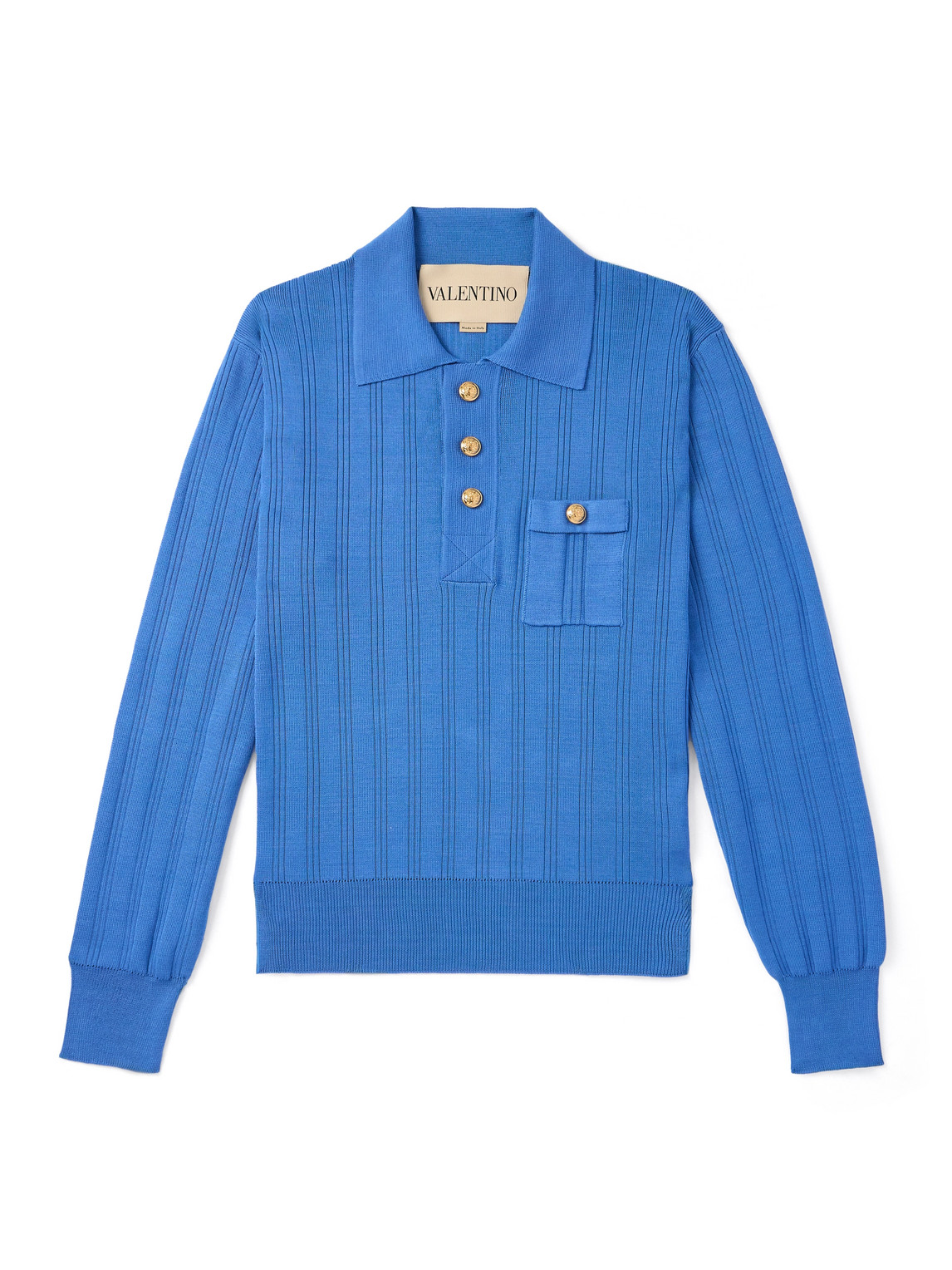 Valentino Ribbed Cotton Polo Shirt In Blue