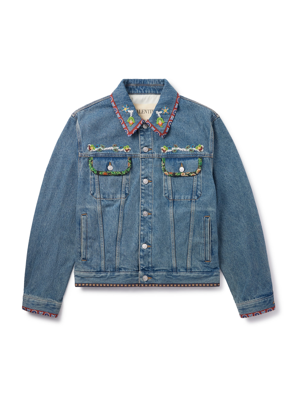 Bead-Embellished Floral-Trimmed Denim Jacket
