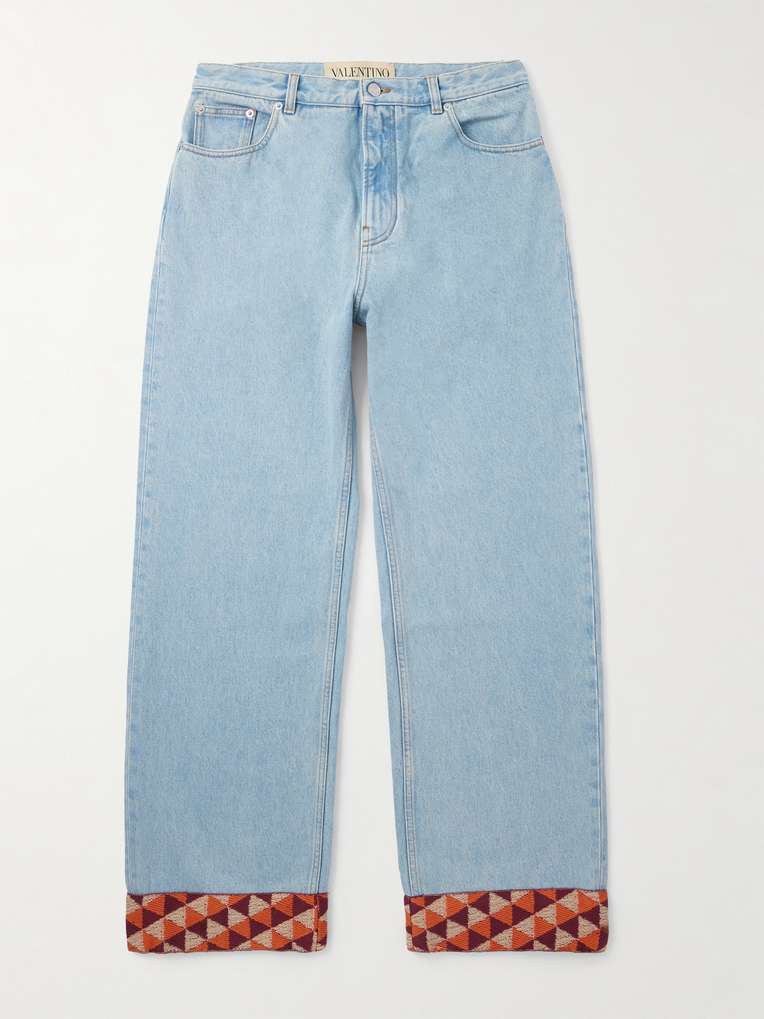 Valentino Garavani — Wide-Leg Jacquard-Trimmed Jeans
