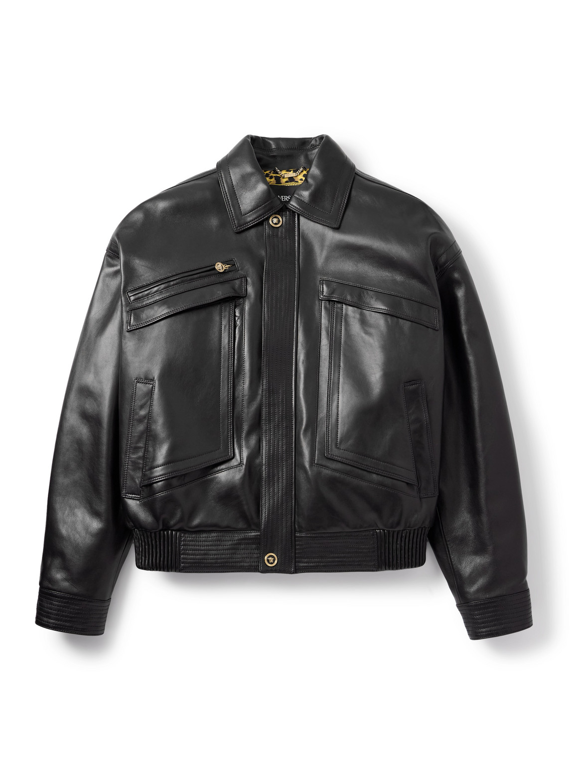 Versace Leather Bomber Jacket In Black