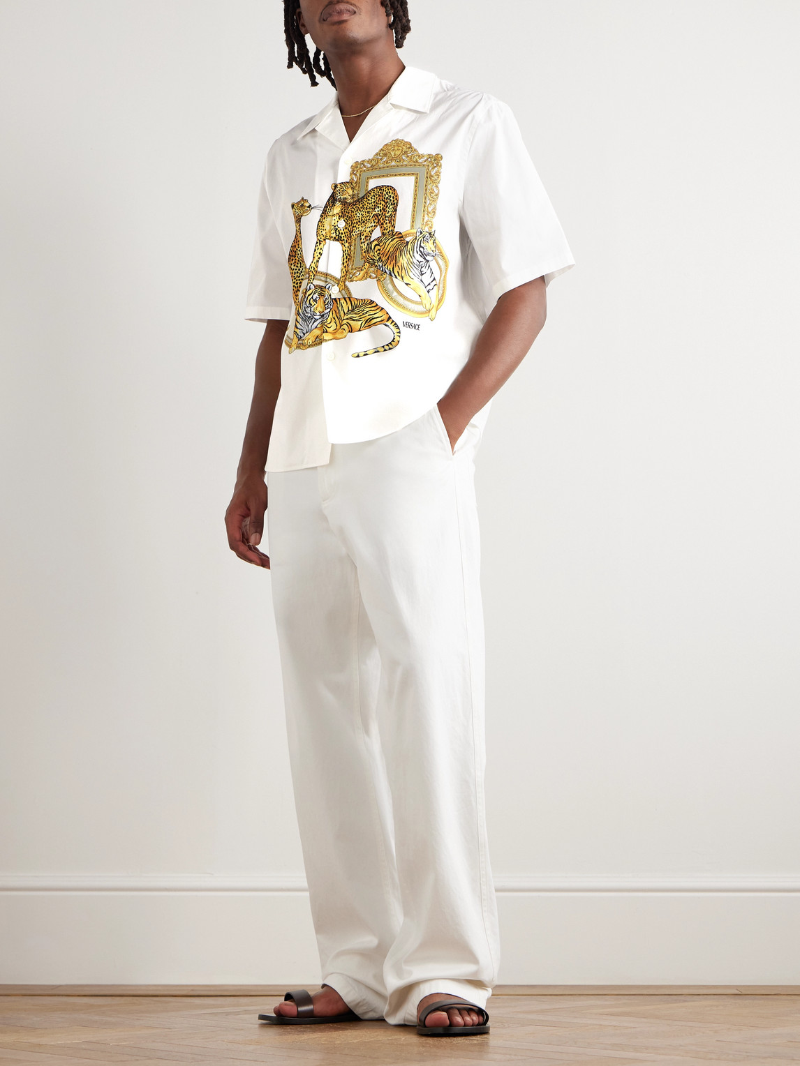 Versace Wild Cats Camp-collar Printed Cotton-poplin Shirt In White