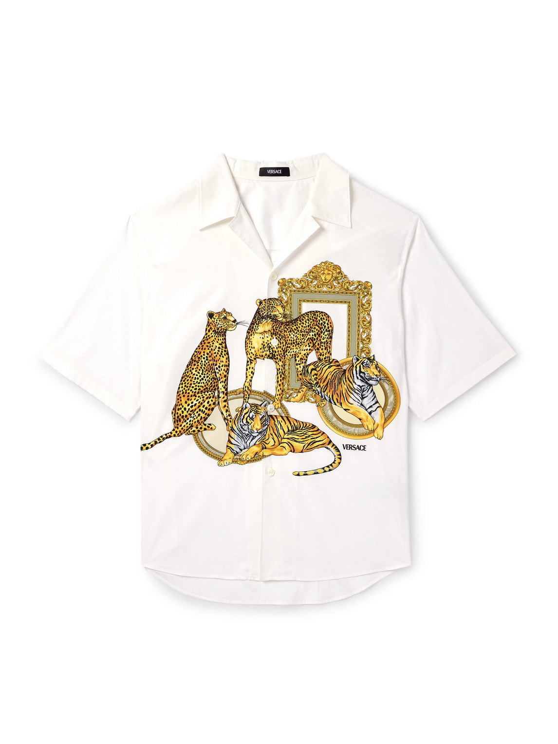 Versace Wild Cats Camp-collar Printed Cotton-poplin Shirt In White