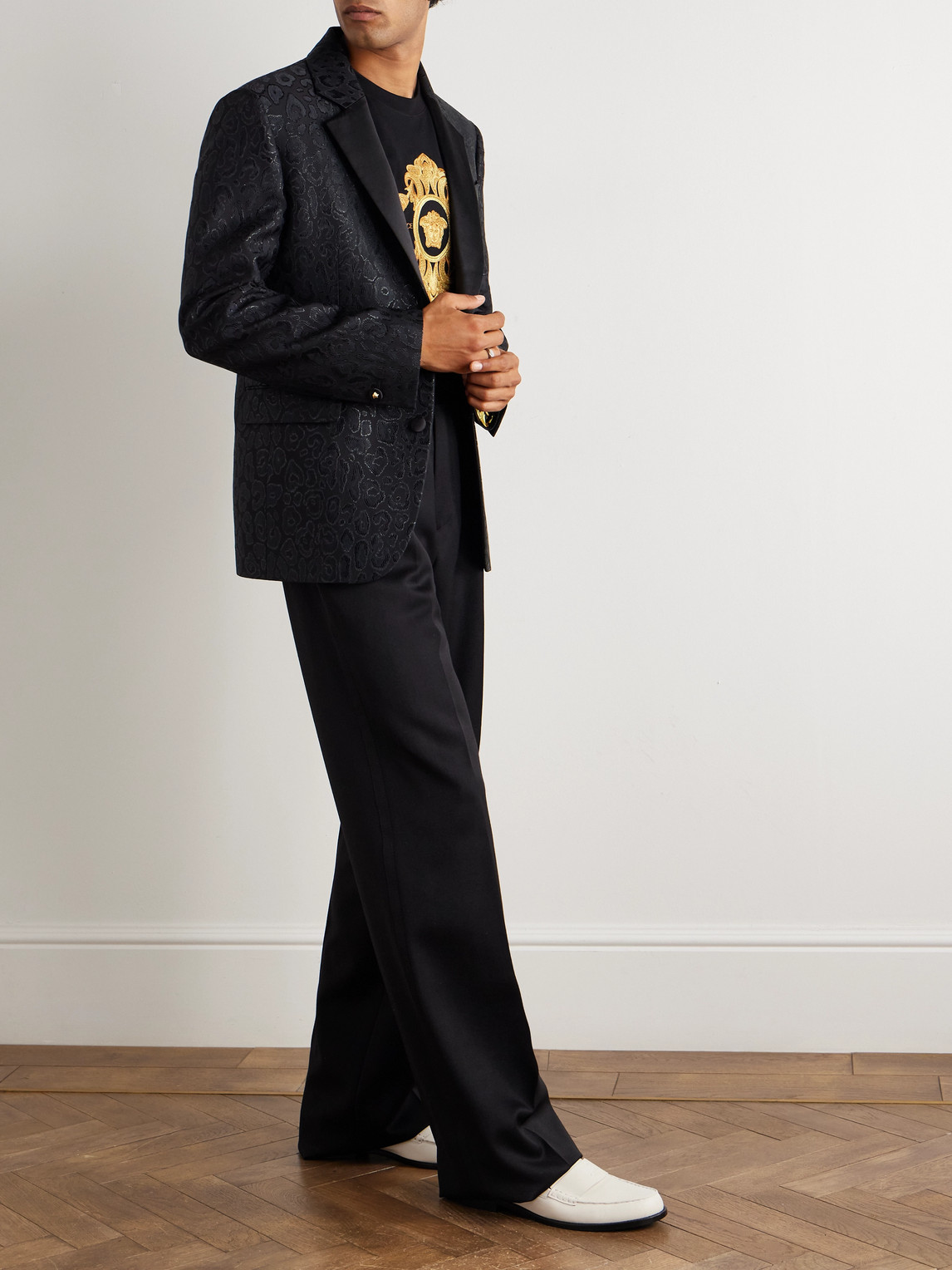 Versace Satin-trimmed Leopard-jacquard Twill Tuxedo Jacket In Black