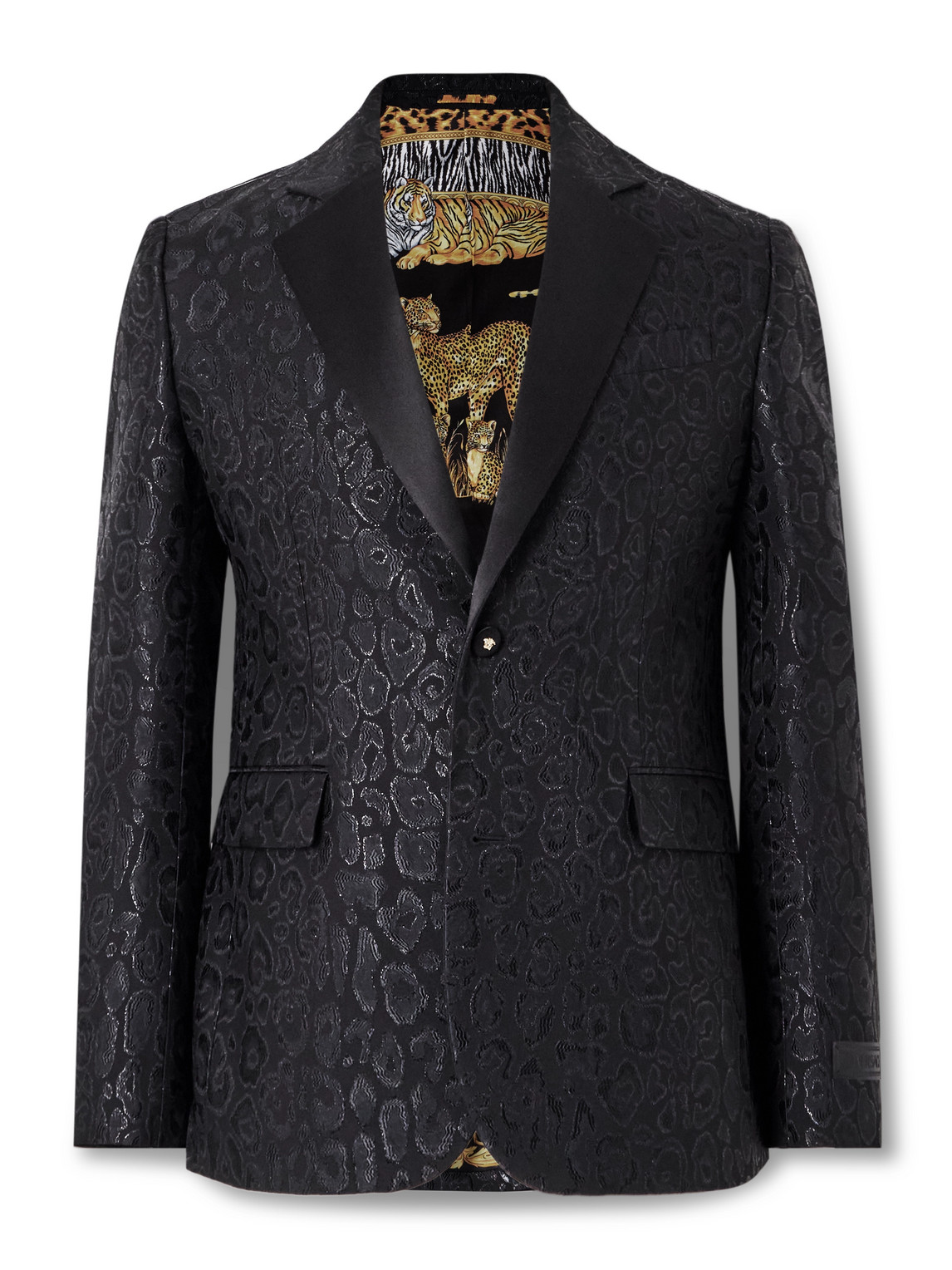 Versace Satin-trimmed Leopard-jacquard Twill Tuxedo Jacket In Black