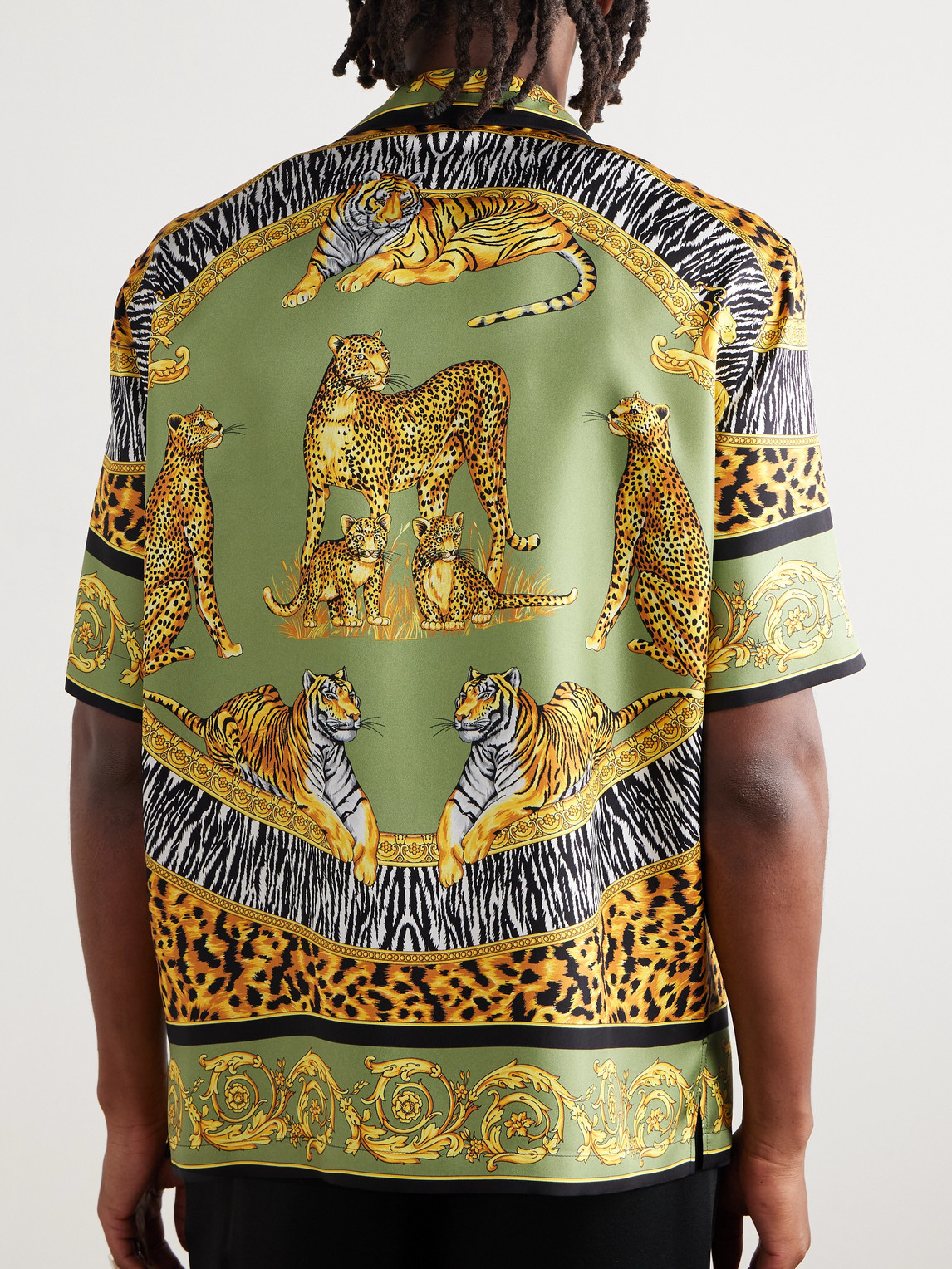 Versace Wild Cats Camp-collar Printed Silk-twill Shirt In Green