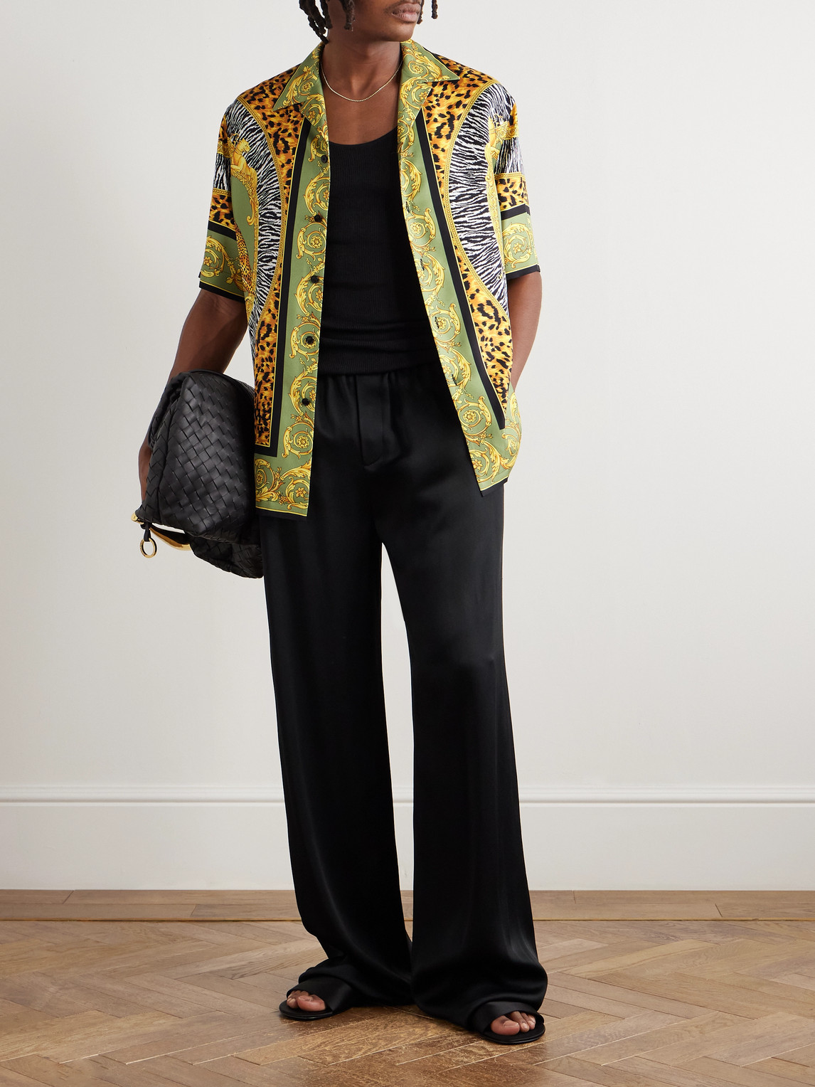 Versace Wild Cats Camp-collar Printed Silk-twill Shirt In Green