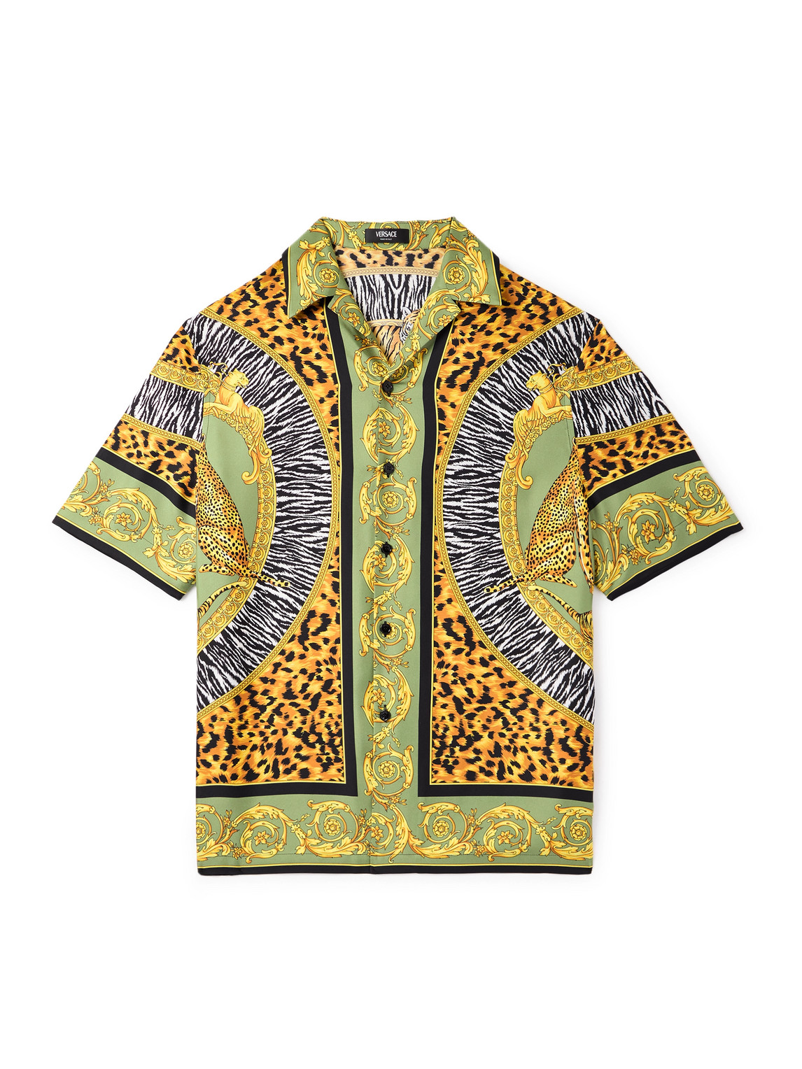 Versace Wild Cats Camp-collar Printed Silk-twill Shirt In Green