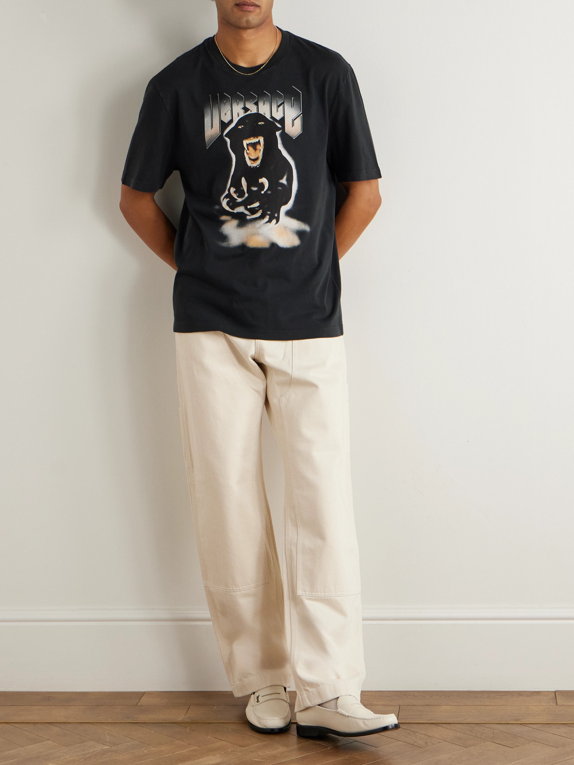 Versace Re-edition Panther Printed Cotton-jersey T-shirt In Black