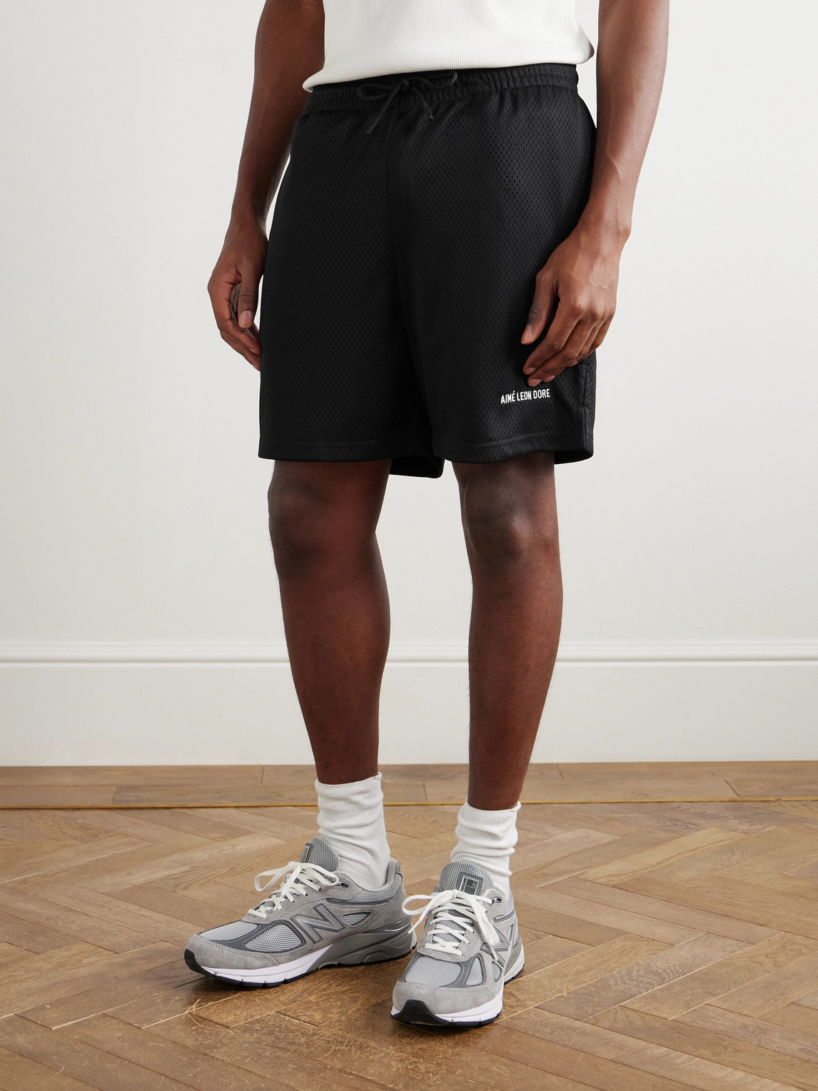 Aimé Leon Dore Straight-leg Logo-print Mesh Shorts In Black