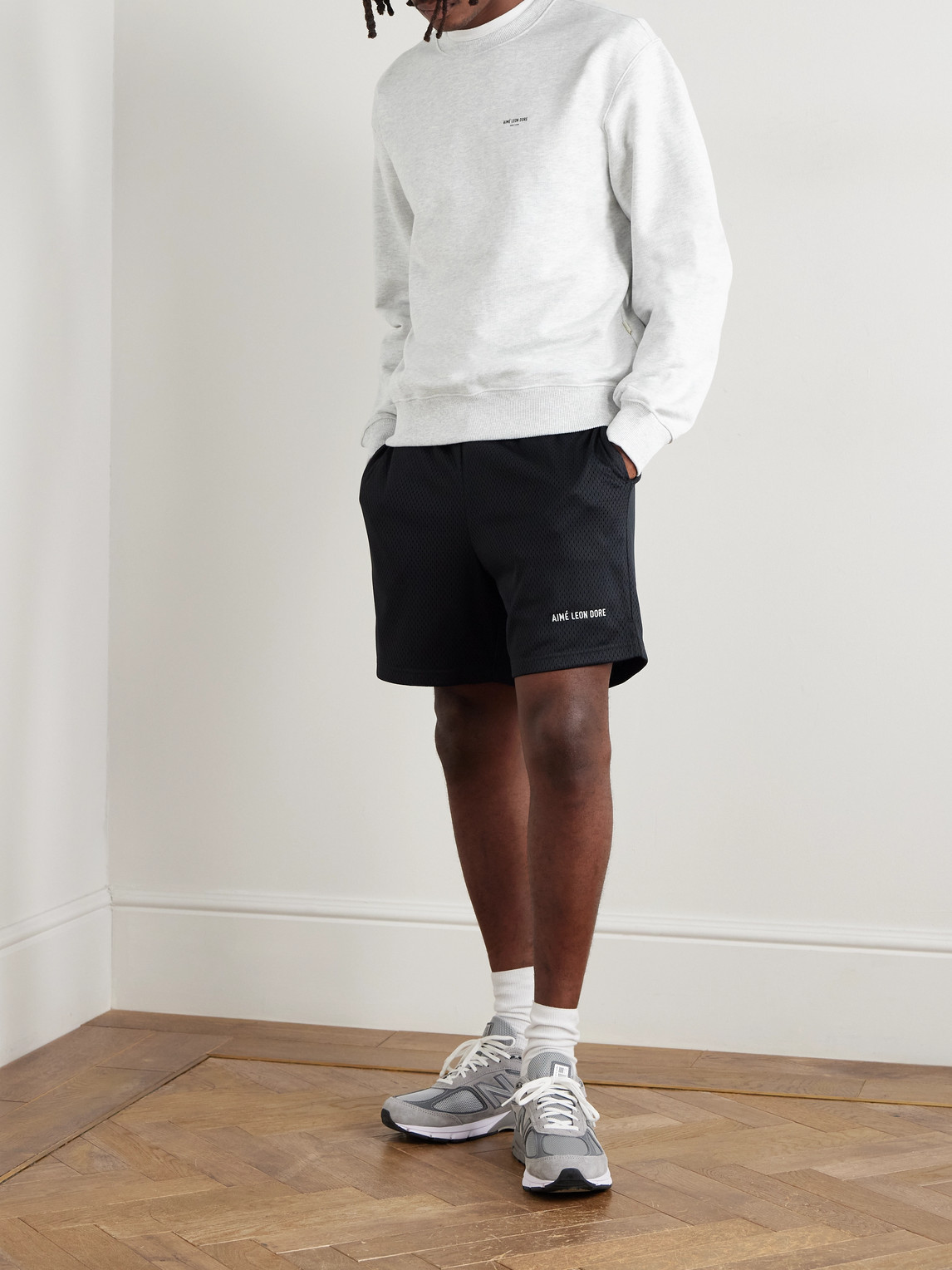 Aimé Leon Dore Straight-leg Logo-print Mesh Shorts In Black
