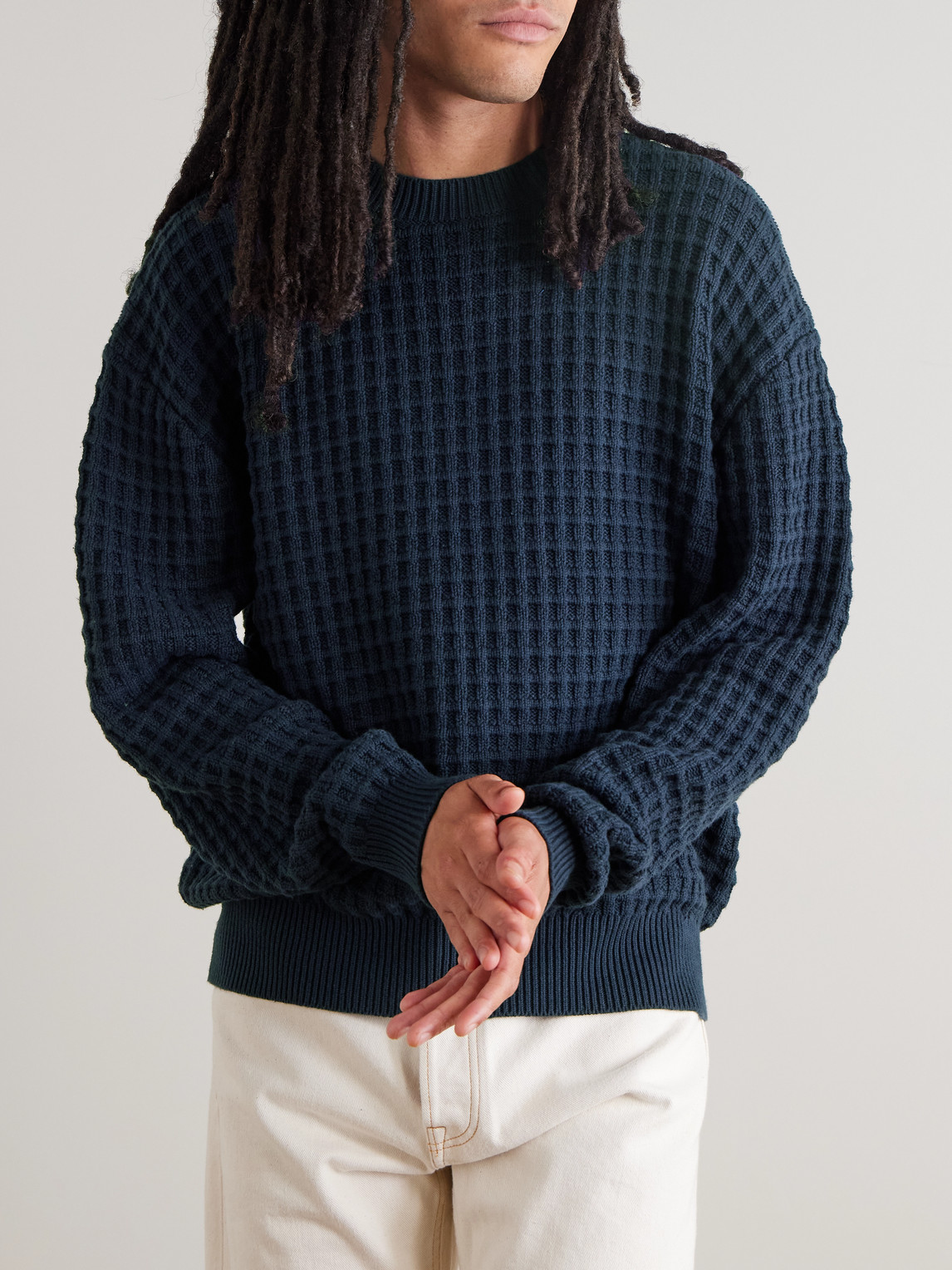 Aimé Leon Dore Waffle-knit Cotton Sweater In Blue