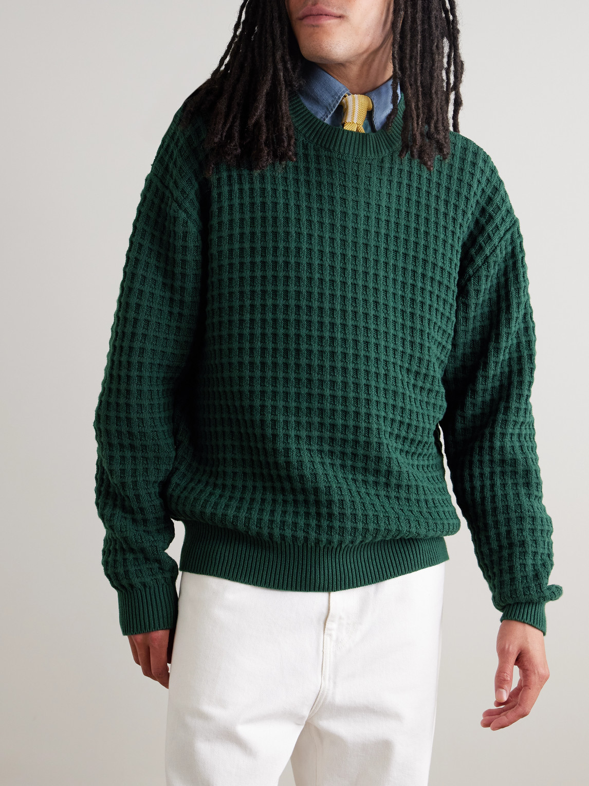 Aimé Leon Dore Waffle-knit Cotton Sweater In Green