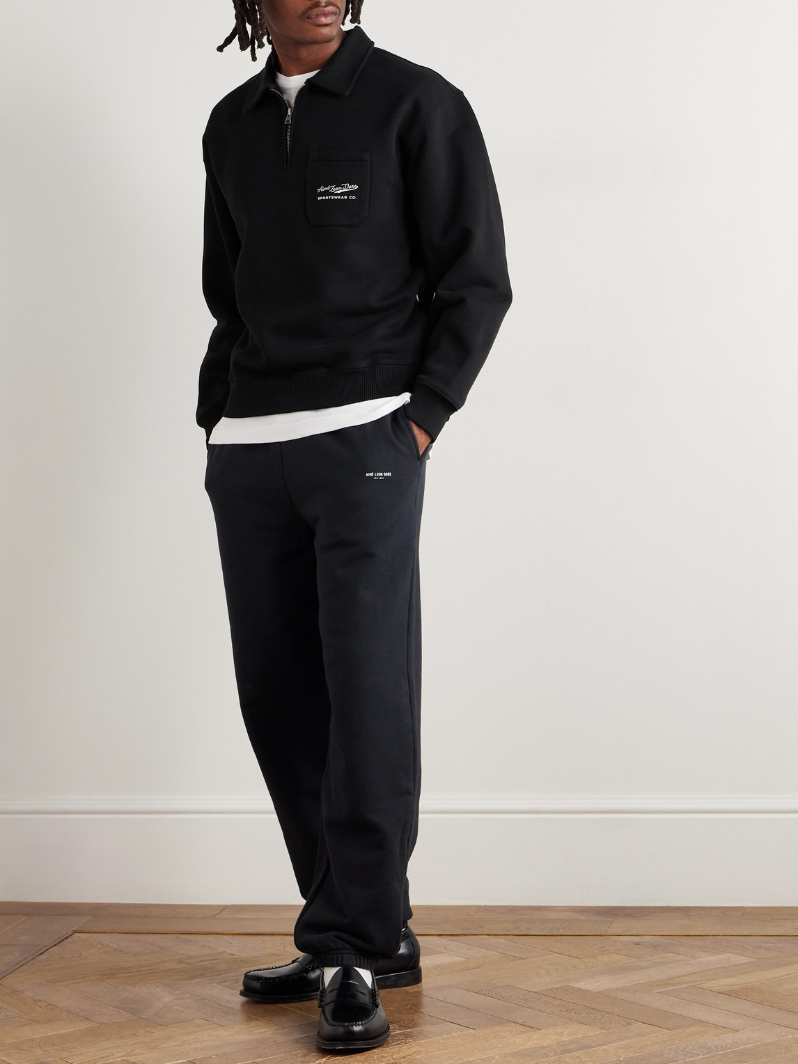 Aimé Leon Dore Logo-print Cotton-jersey Half-zip Sweater In Black