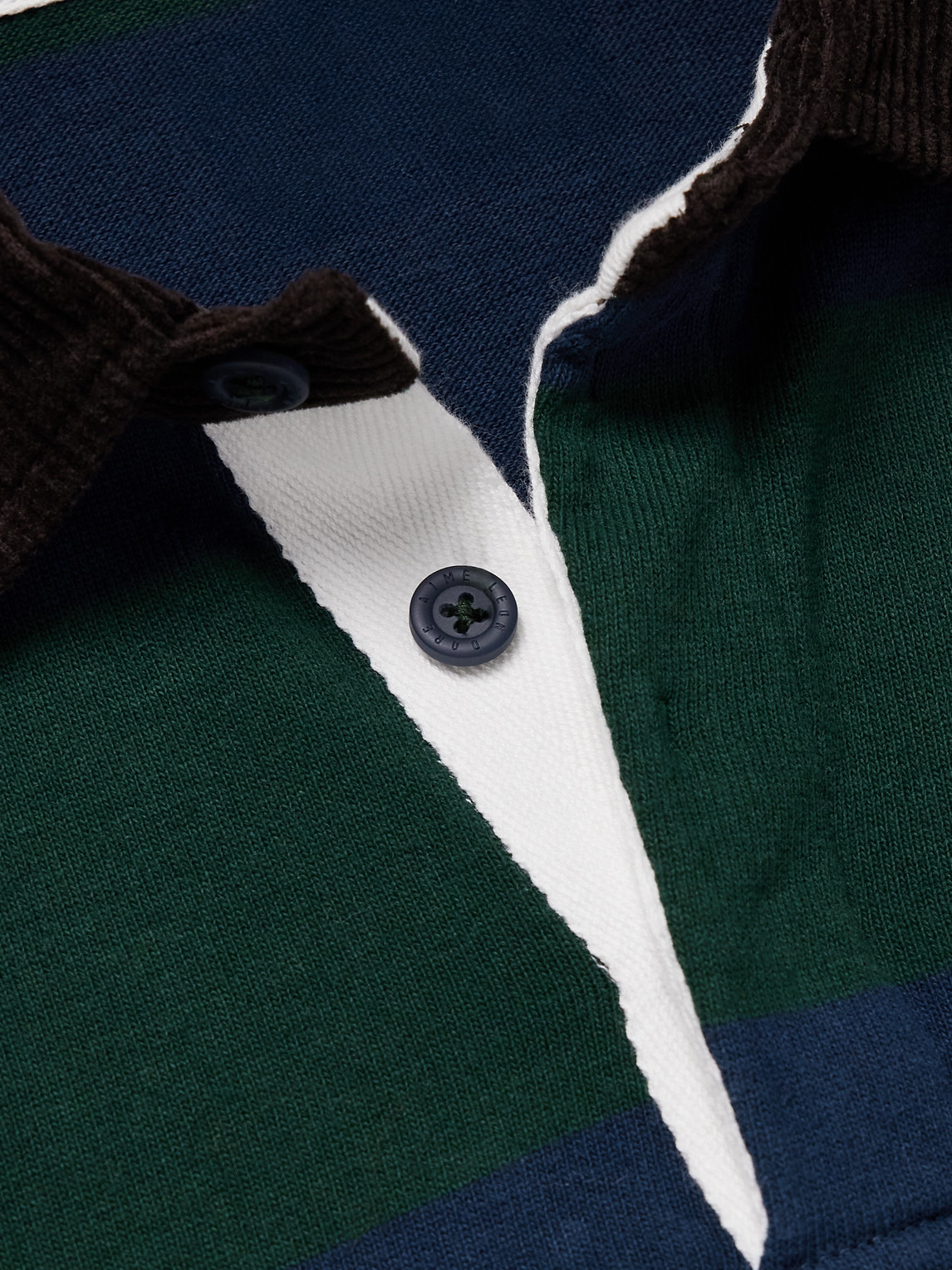 Aimé Leon Dore Embroidered Logo-flocked Corduroy-trimmed Striped Cotton-jersey Rugby Shirt In Green