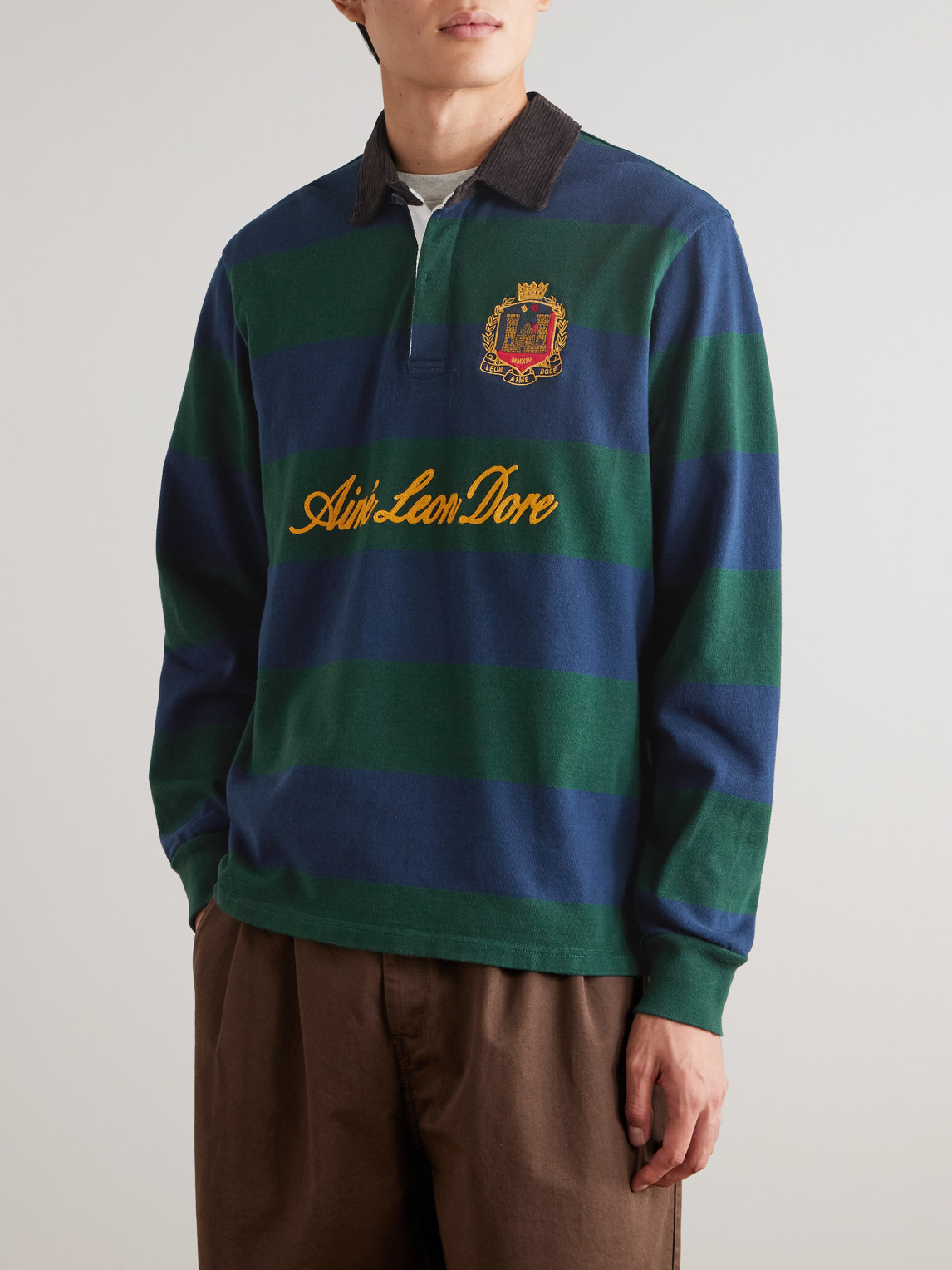 Aimé Leon Dore Embroidered Logo-flocked Corduroy-trimmed Striped Cotton-jersey Rugby Shirt In Green