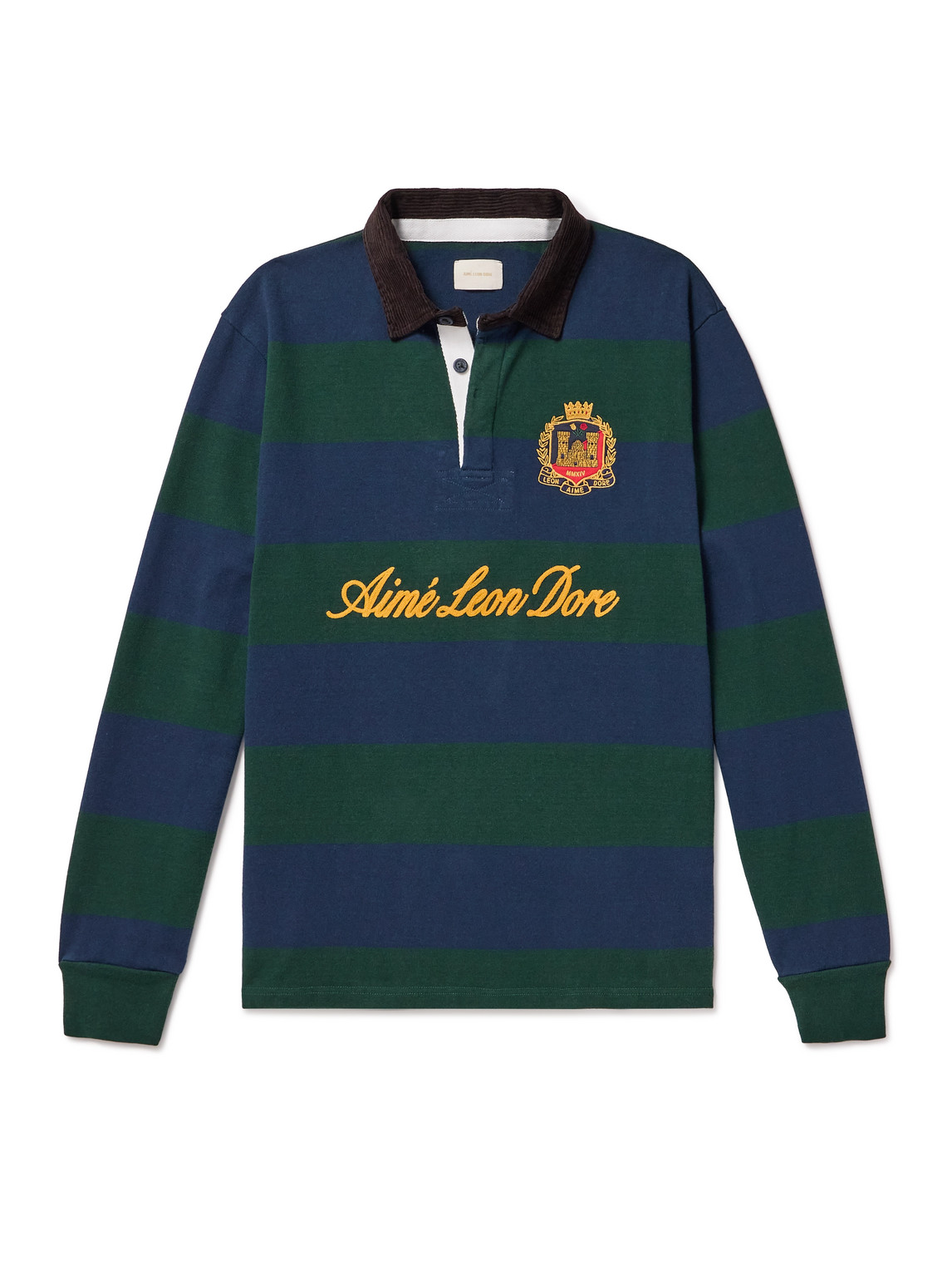 Aimé Leon Dore Embroidered Logo-flocked Corduroy-trimmed Striped Cotton-jersey Rugby Shirt In Green