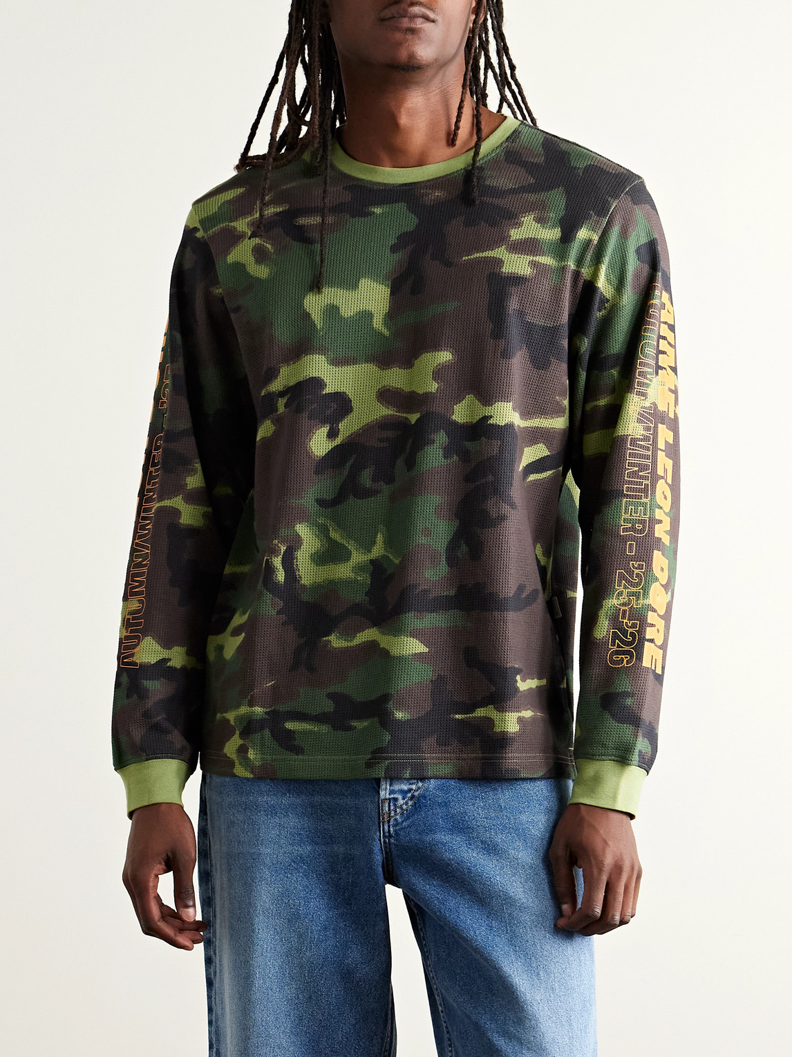 Aimé Leon Dore Camouflage-print Waffle-knit Cotton T-shirt In Green
