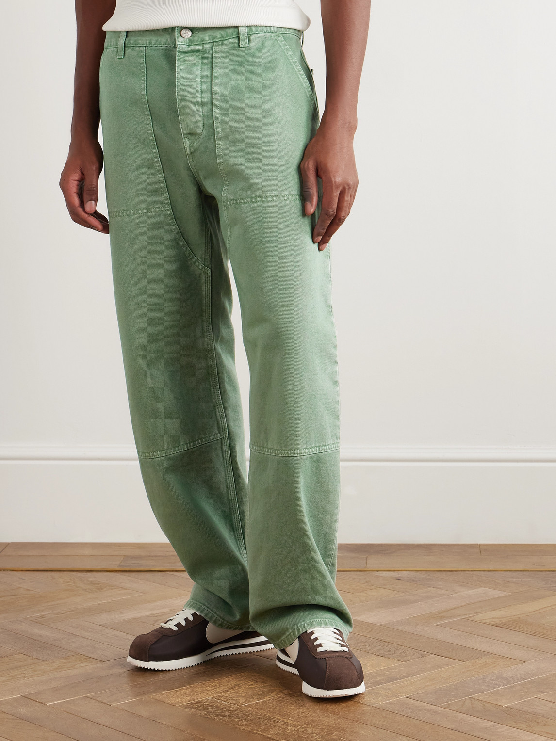 Aimé Leon Dore Straight-leg Double-knee Garment-dyed Cotton-twill Trousers In Green