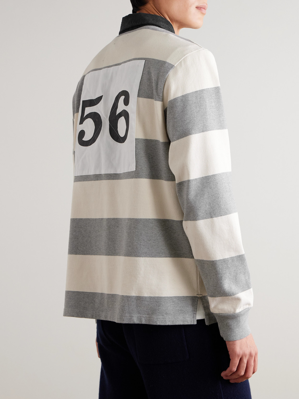 Aimé Leon Dore Embroidered Logo-flocked Corduroy-trimmed Striped Cotton-jersey Rugby Shirt In Multi