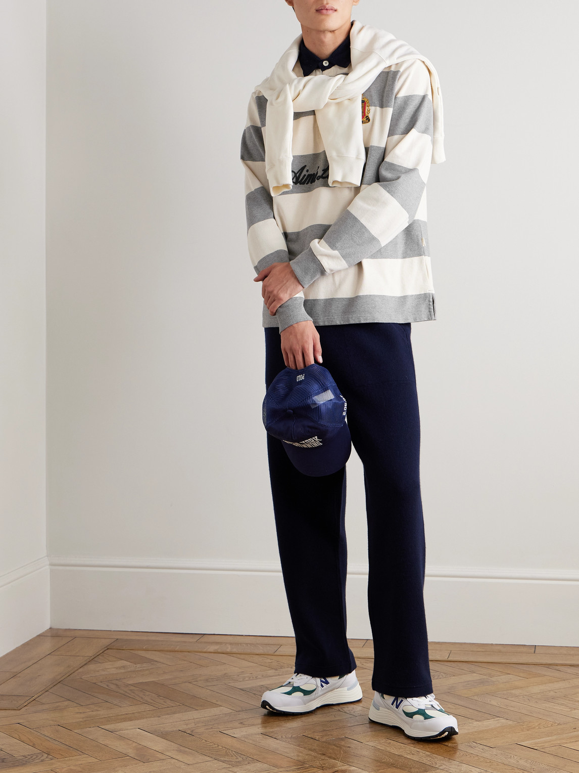 Aimé Leon Dore Embroidered Logo-flocked Corduroy-trimmed Striped Cotton-jersey Rugby Shirt In Multi