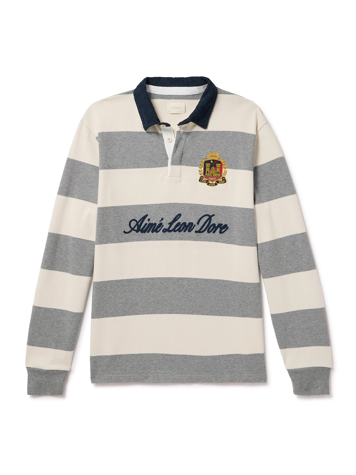 Aimé Leon Dore Embroidered Logo-flocked Corduroy-trimmed Striped Cotton-jersey Rugby Shirt In Multi