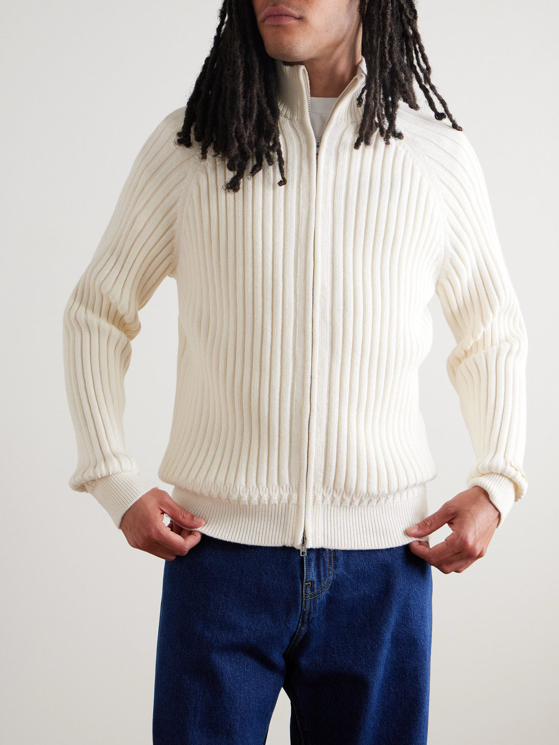 Aimé Leon Dore Ribbed Merino Wool-blend Zip-up Sweater In Gray