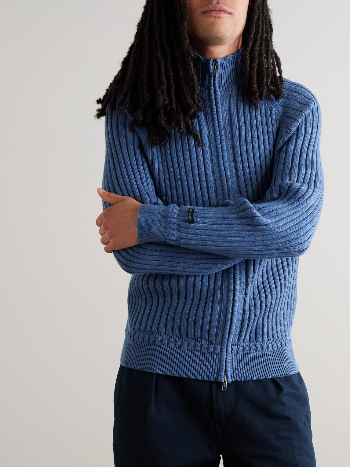 Aimé Leon Dore Ribbed Merino Wool-blend Zip-up Sweater In Blue