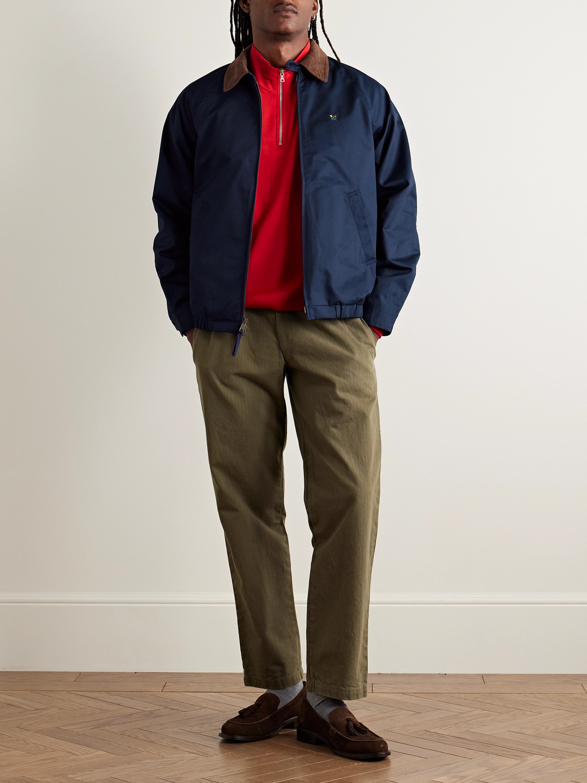 Aimé Leon Dore Logo-embroidered Corduroy-trimmed Cotton-twill Blouson Jacket In Blue