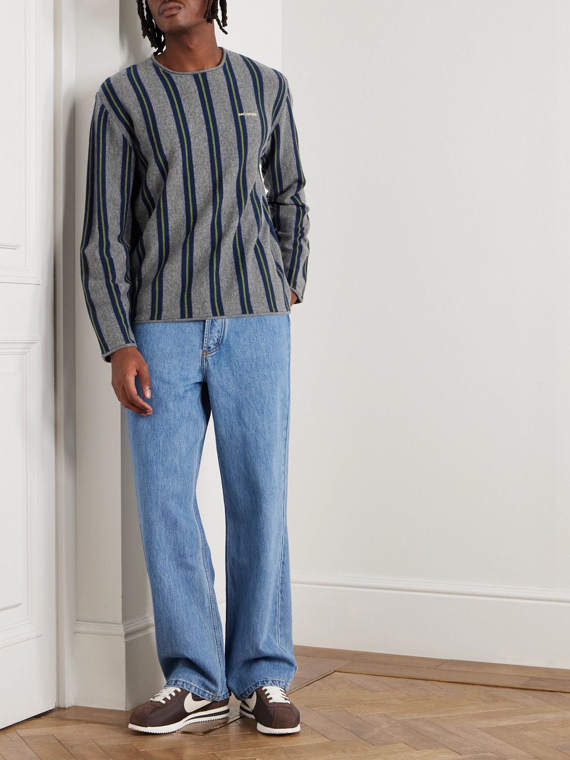 Aimé Leon Dore Logo-embroidered Striped Wool Sweater In Gray