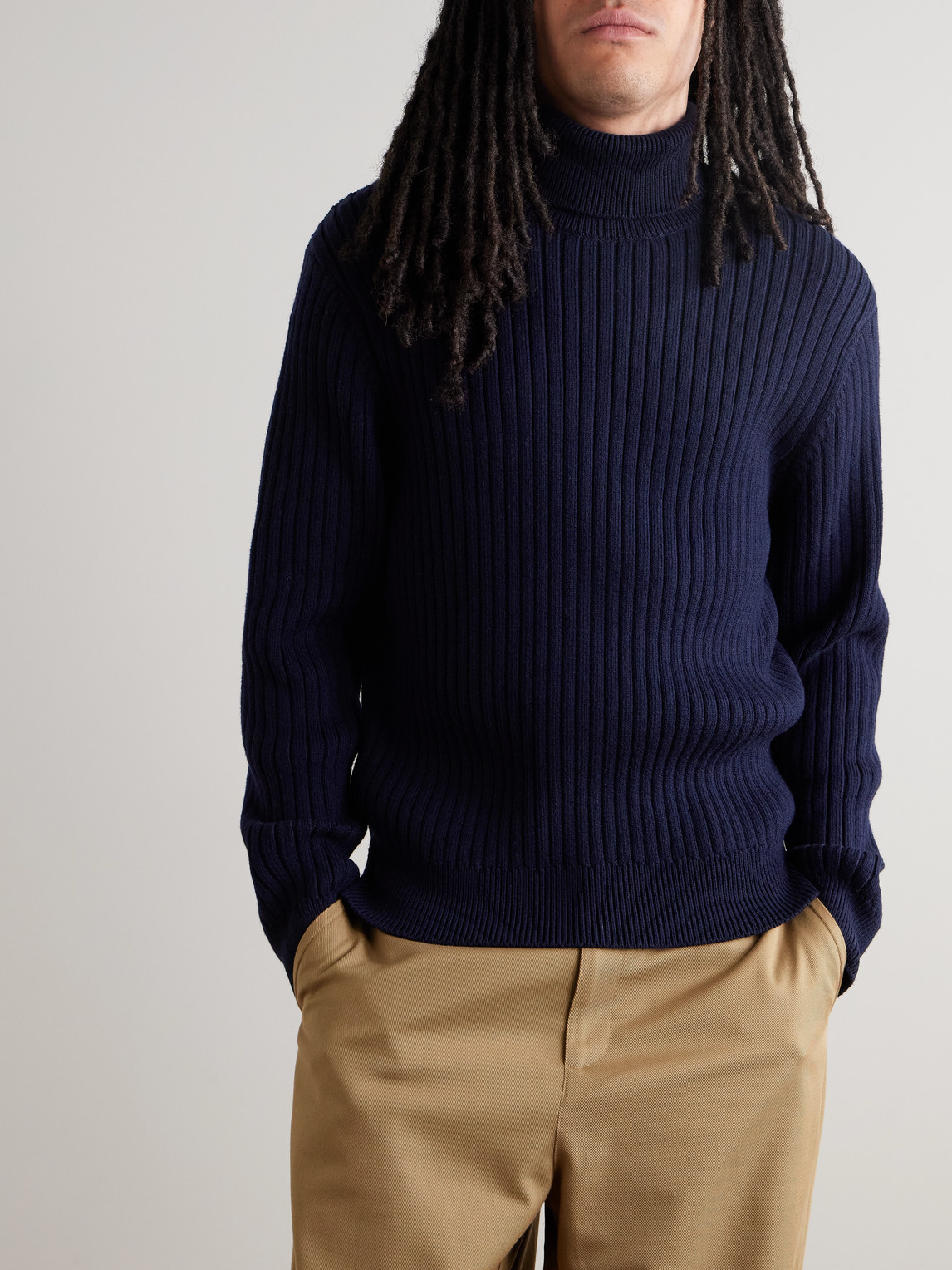 Aimé Leon Dore Ribbed Merino Wool And Cotton-blend Rollneck Sweater In Blue