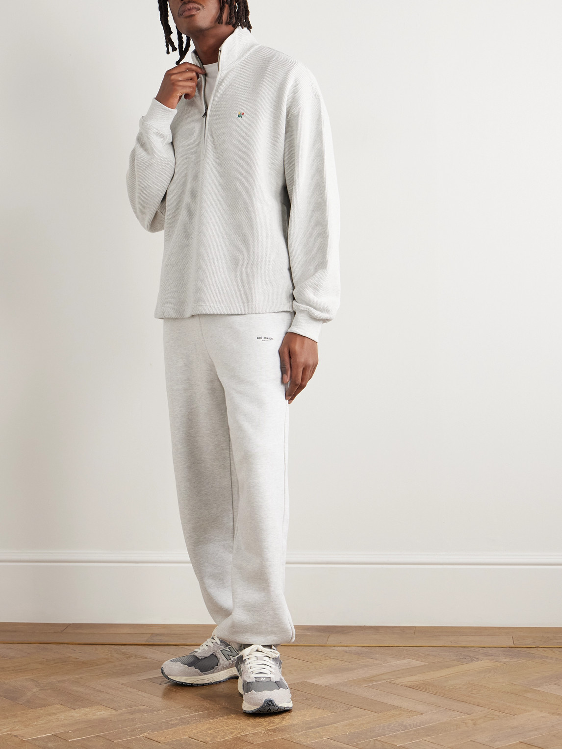 Aimé Leon Dore Embroidered Ribbed Cotton Half-zip Sweater In Gray