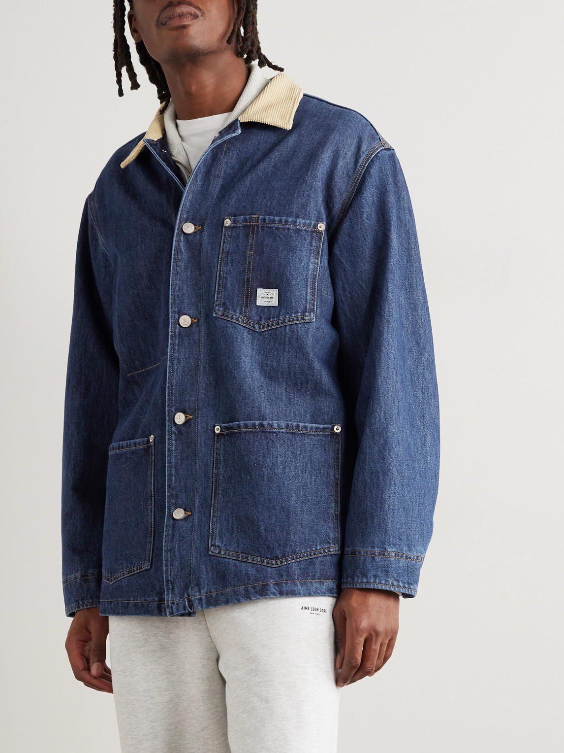 Aimé Leon Dore Corduroy-trimmed Denim Barn Jacket In Blue